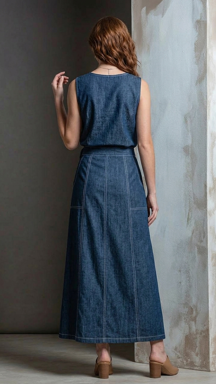 Sleeveless Two‑Piece Denim Midi Skirt Set