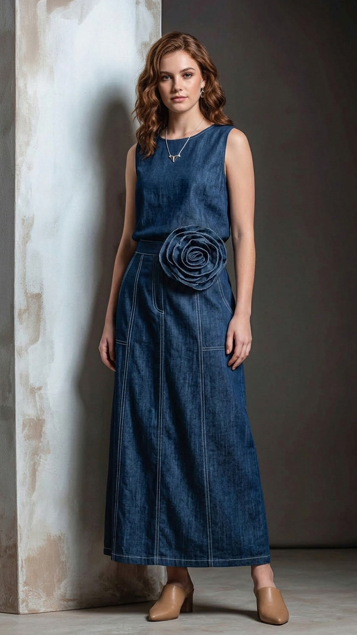 Sleeveless Two‑Piece Denim Midi Skirt Set