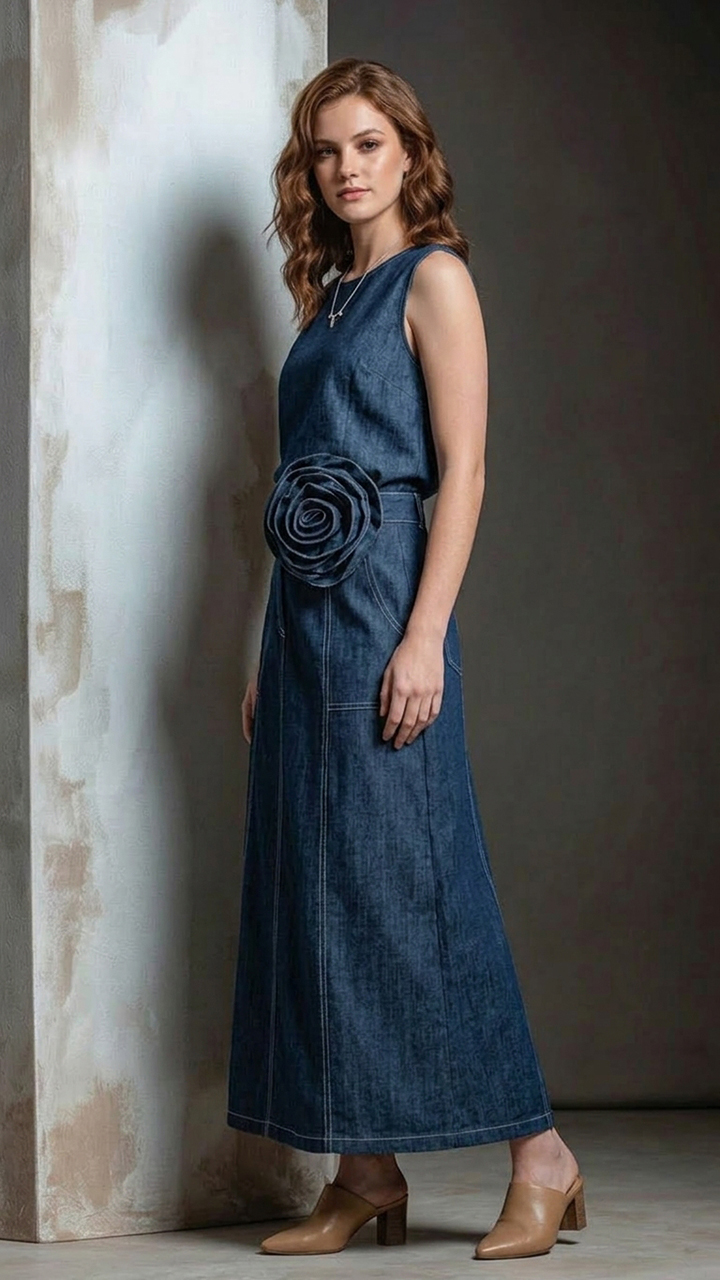 Sleeveless Two‑Piece Denim Midi Skirt Set