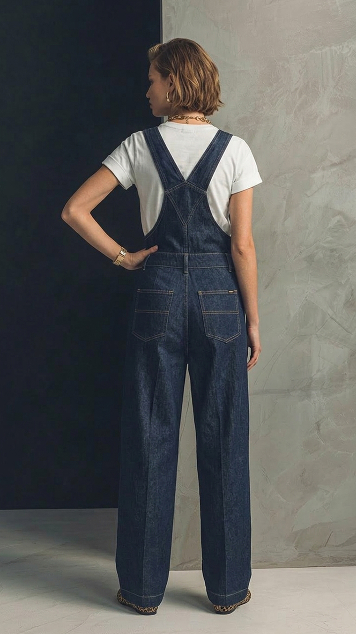 Dark Wash Pleated Wide‑Leg Denim Overalls