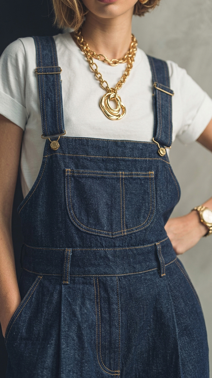 Dark Wash Pleated Wide‑Leg Denim Overalls