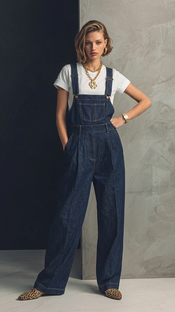 Dark Wash Pleated Wide‑Leg Denim Overalls