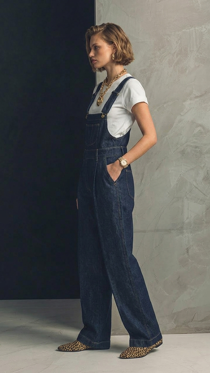 Dark Wash Pleated Wide‑Leg Denim Overalls