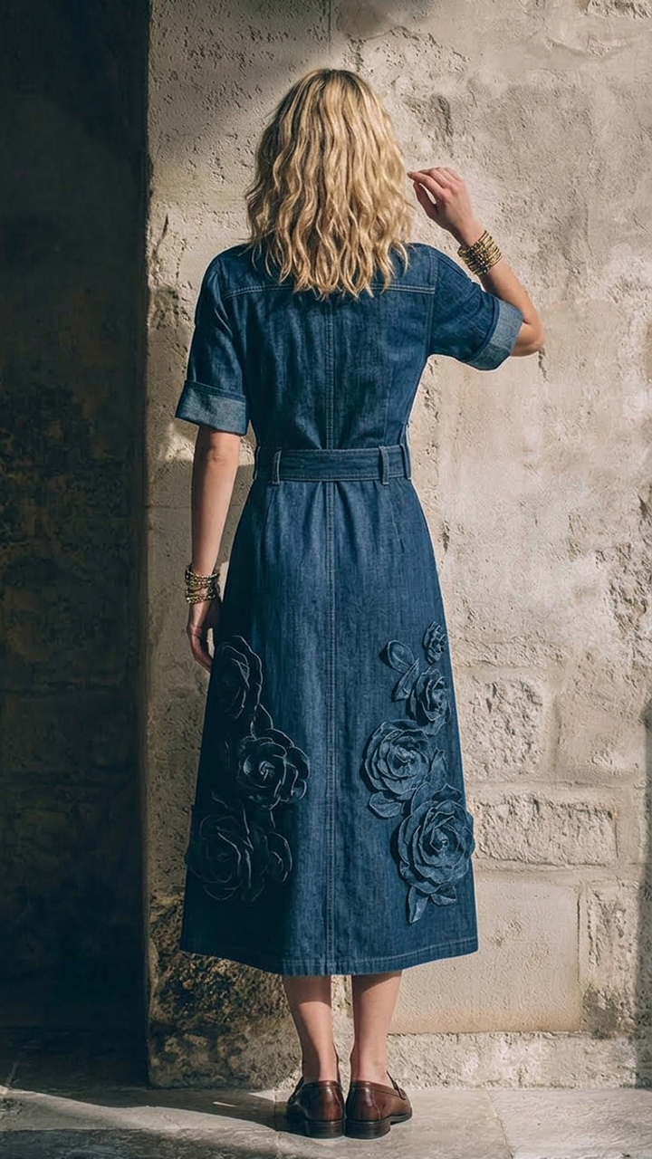Short Sleeve Belted Denim Shirt Midi Dress