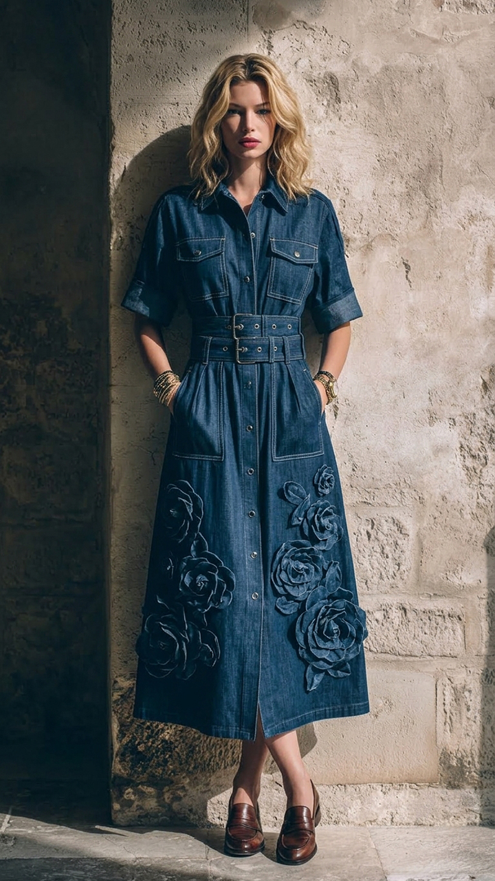 Short Sleeve Belted Denim Shirt Midi Dress