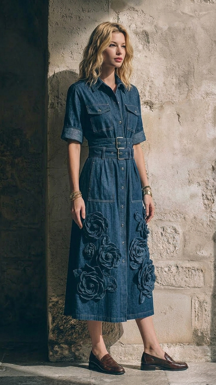 Short Sleeve Belted Denim Shirt Midi Dress