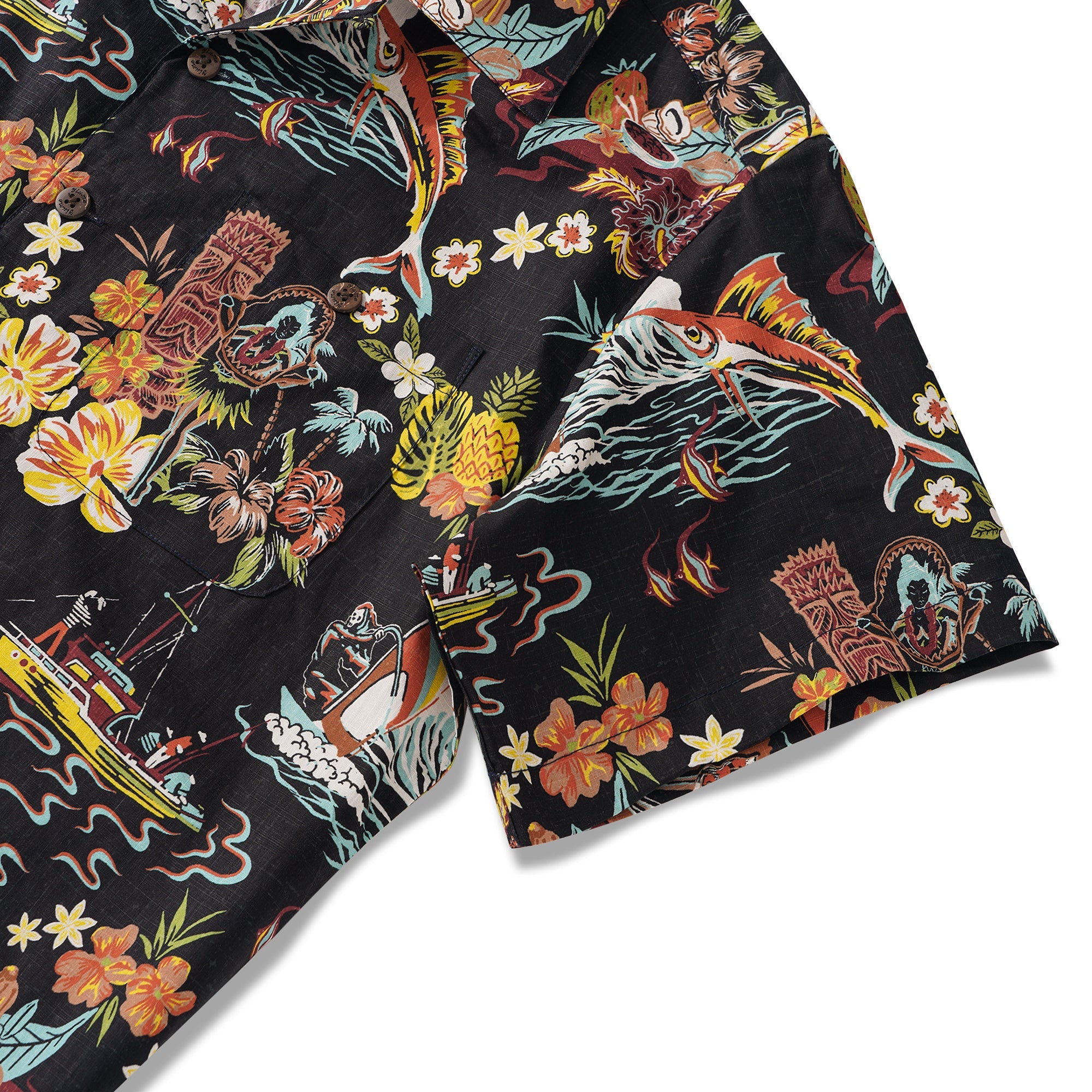 Men's Vintage Hawaiian Shirt Black Tiki Shirt Short Sleeve Camp Collar