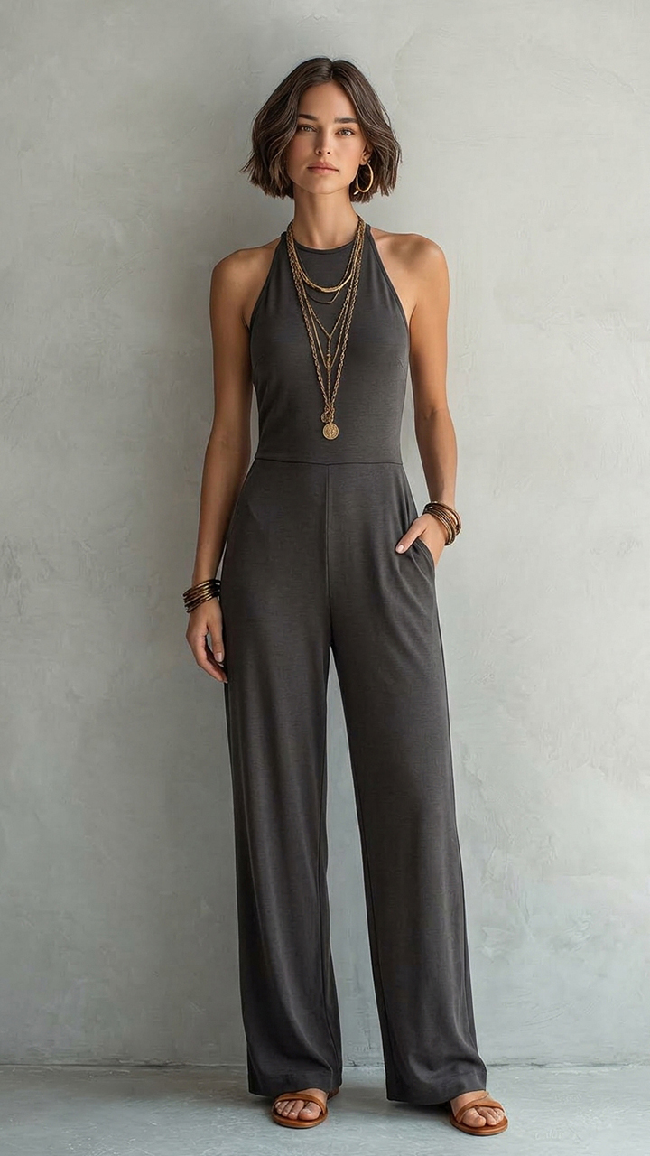 High Neck Halter Knit Wide‑Leg Jumpsuit