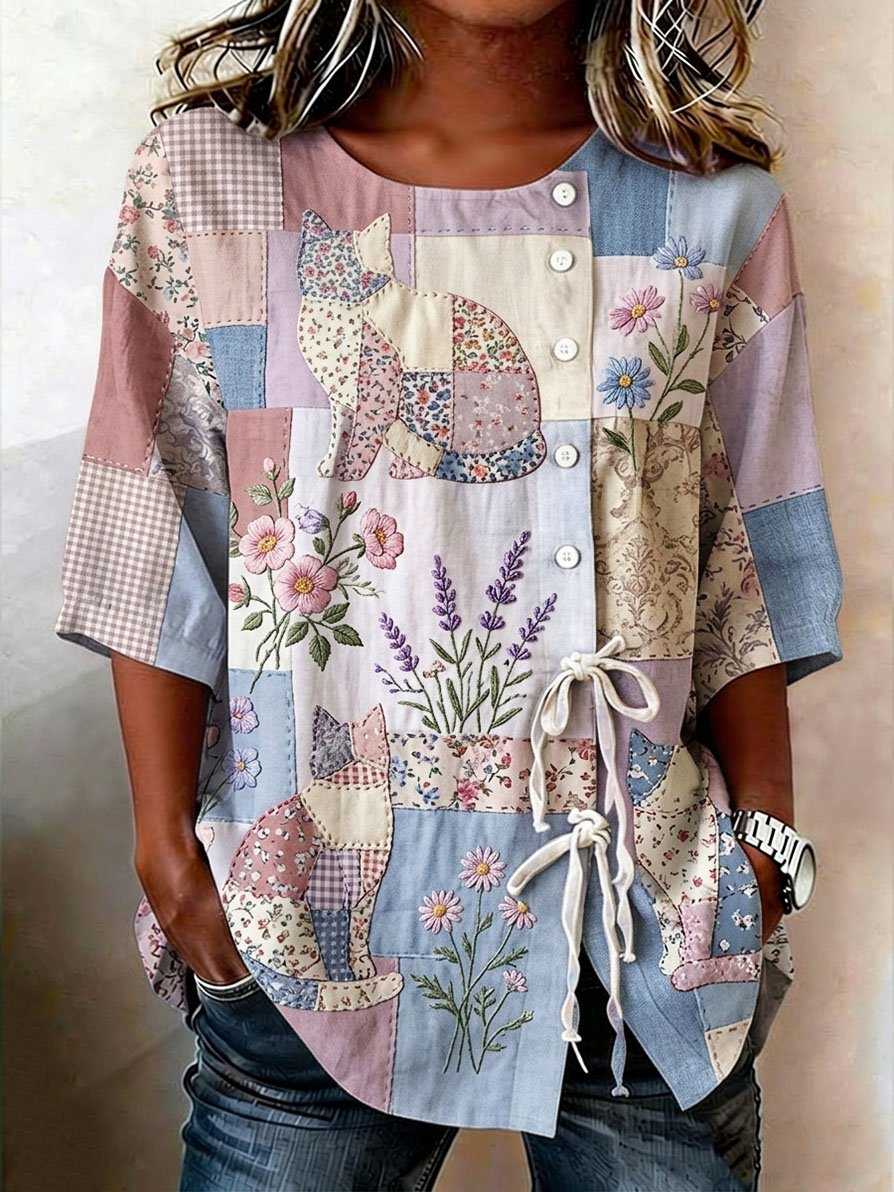 🐱Women's Denim Cat Portrait Patchwork Art Print Casual Top💛100% For Shelter Pets🐱🐶