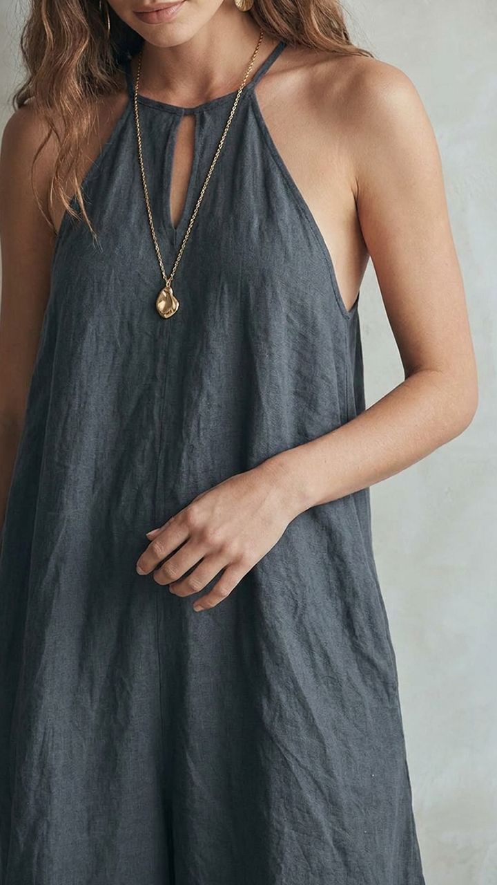 Womens Halter Neck Keyhole Sleeveless Wide Leg Jumpsuit