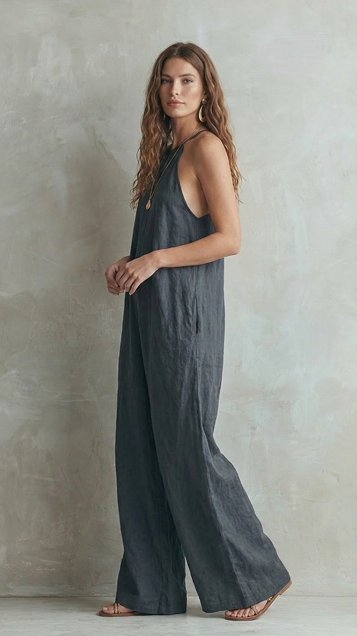 Womens Halter Neck Keyhole Sleeveless Wide Leg Jumpsuit