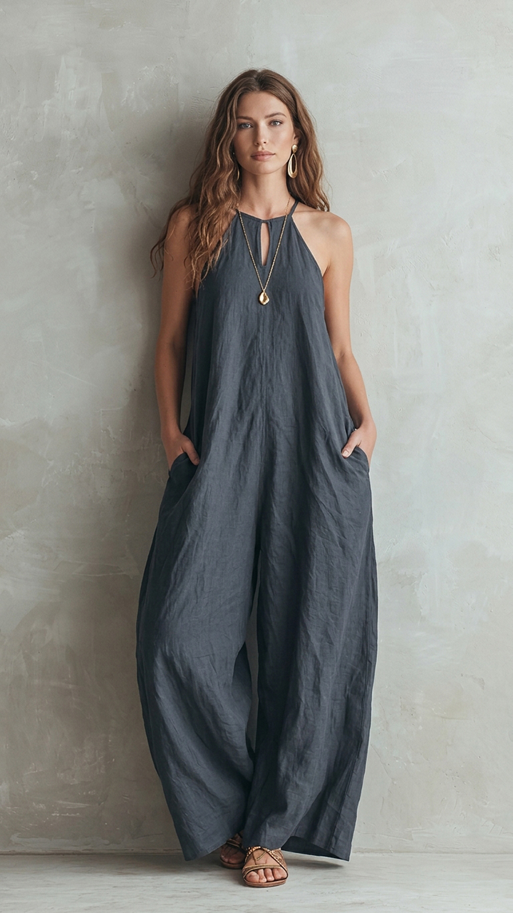 Womens Halter Neck Keyhole Sleeveless Wide Leg Jumpsuit
