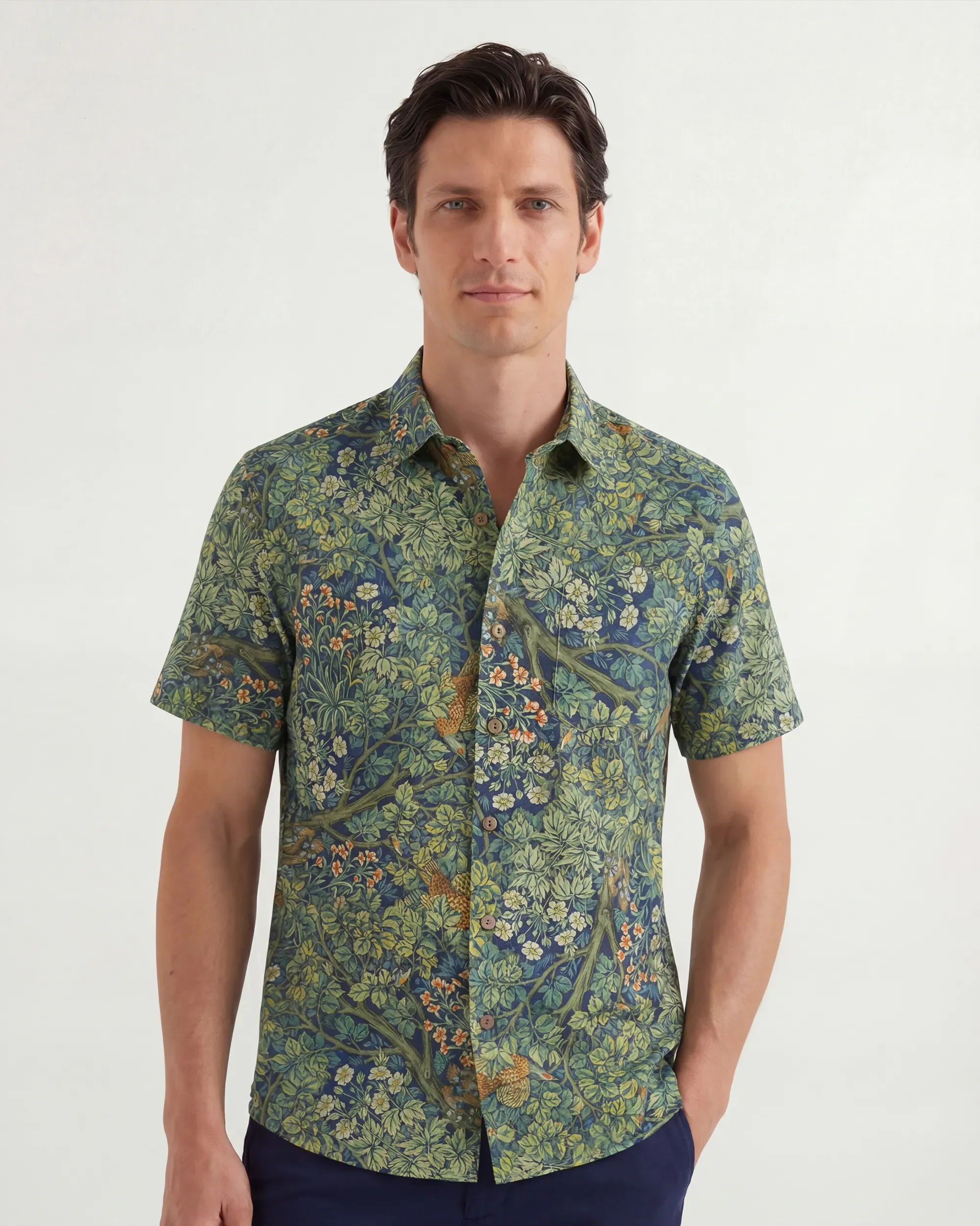 Men's Hawaiian Shirt Short Sleeve Button-up 100% Cotton Green Aloha Jungle Wonderland Art