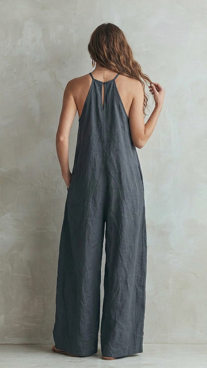 Womens Halter Neck Keyhole Sleeveless Wide Leg Jumpsuit