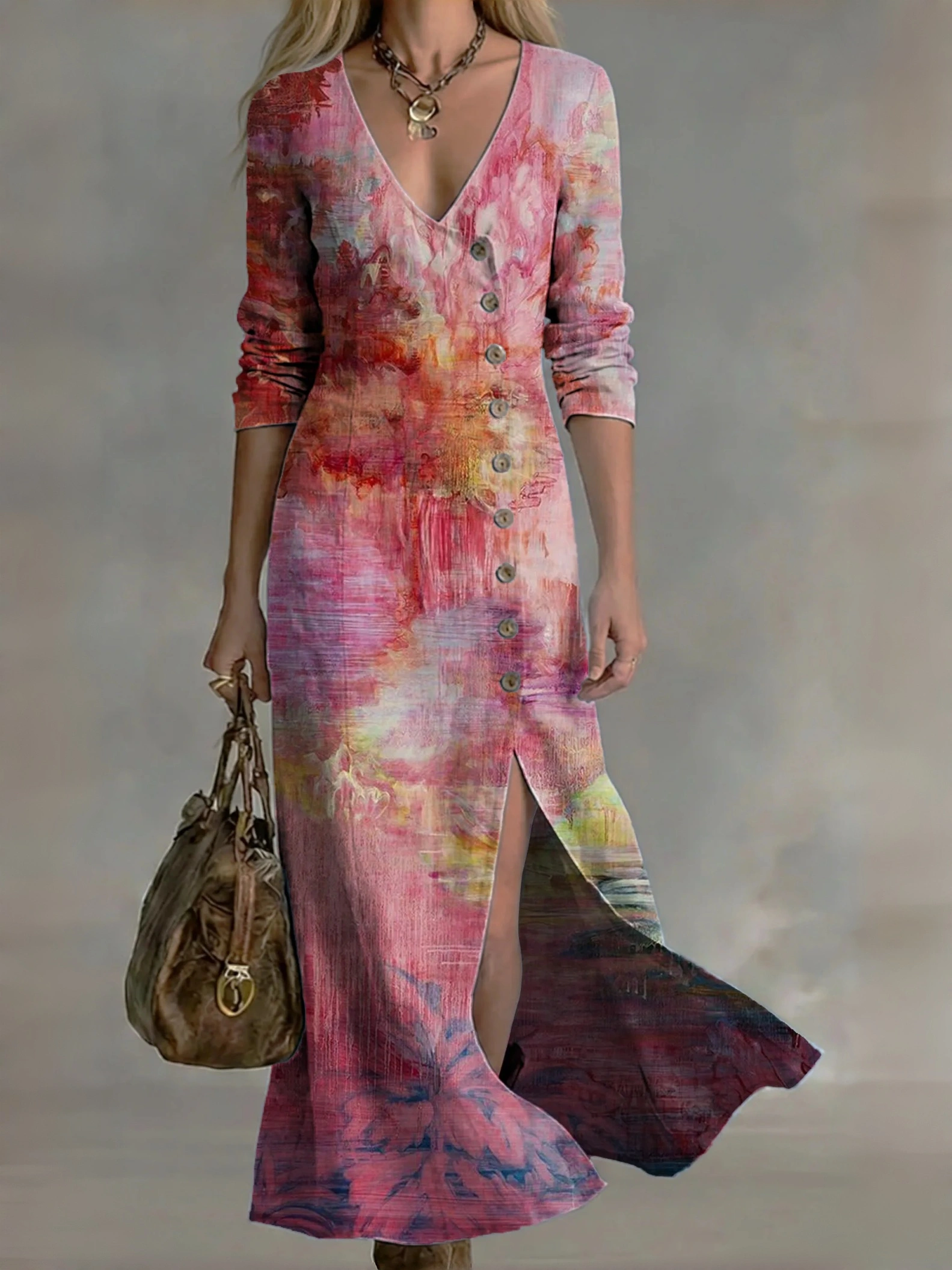 Women's Vintage-style Oil Painting Art Print Casual Cotton-linen Maxi Dress