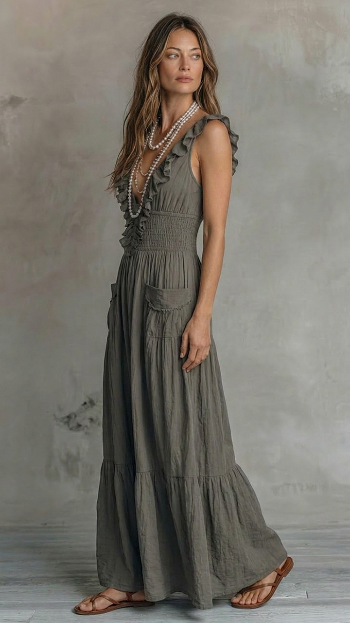 Ruffle V‑Neck Smocked Tiered Maxi Dress