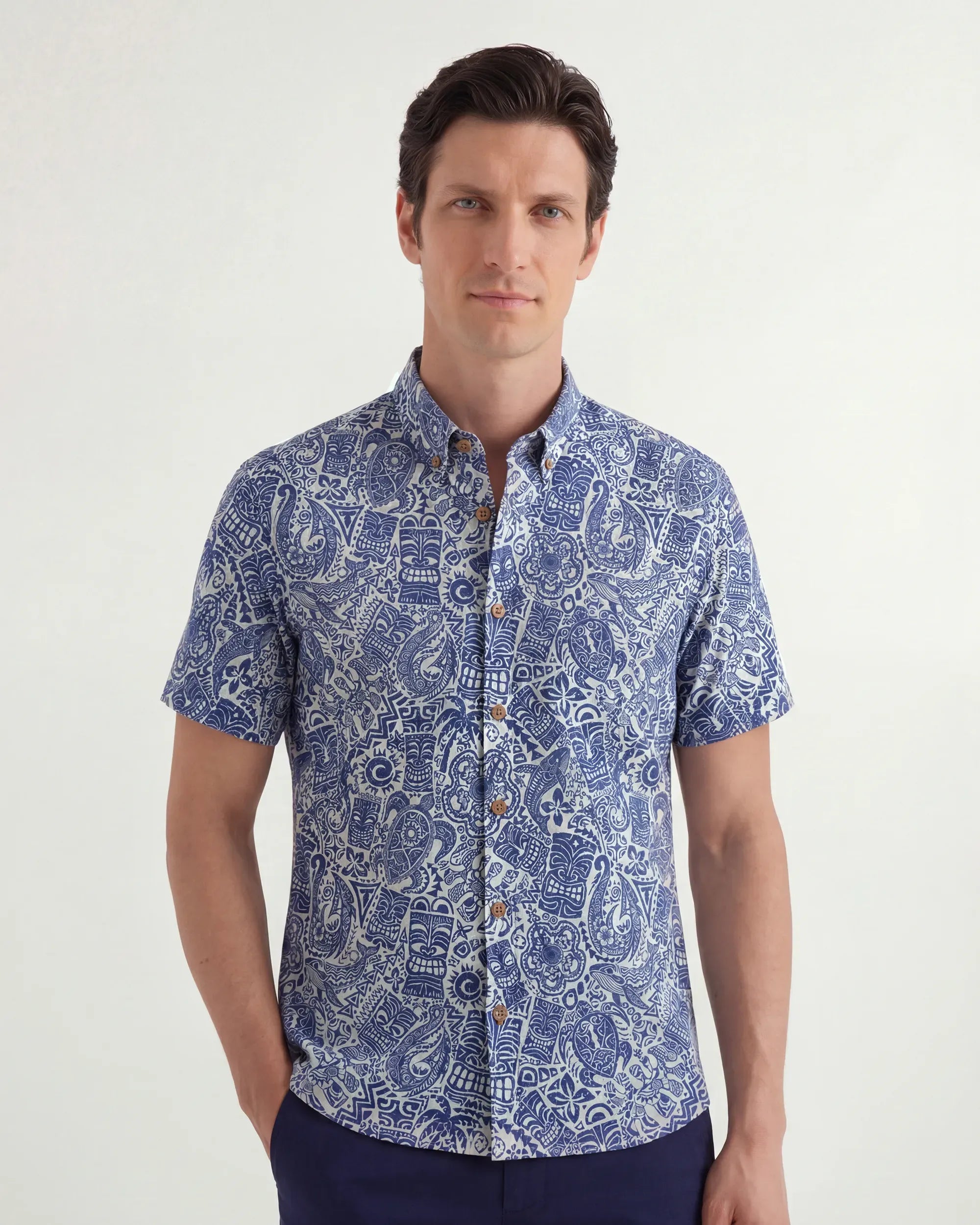 Men's Hawaiian Shirt Short Sleeve Button-down 100% Cotton Blue Retro Totem