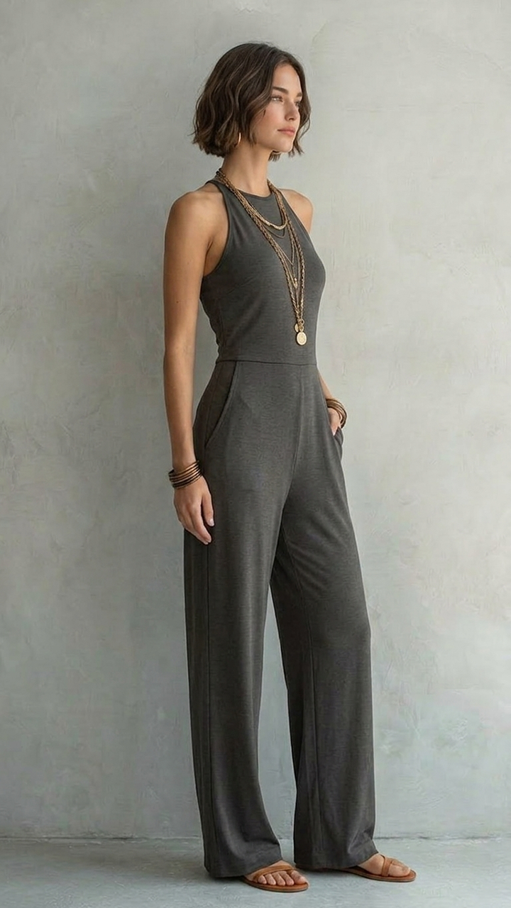 High Neck Halter Knit Wide‑Leg Jumpsuit