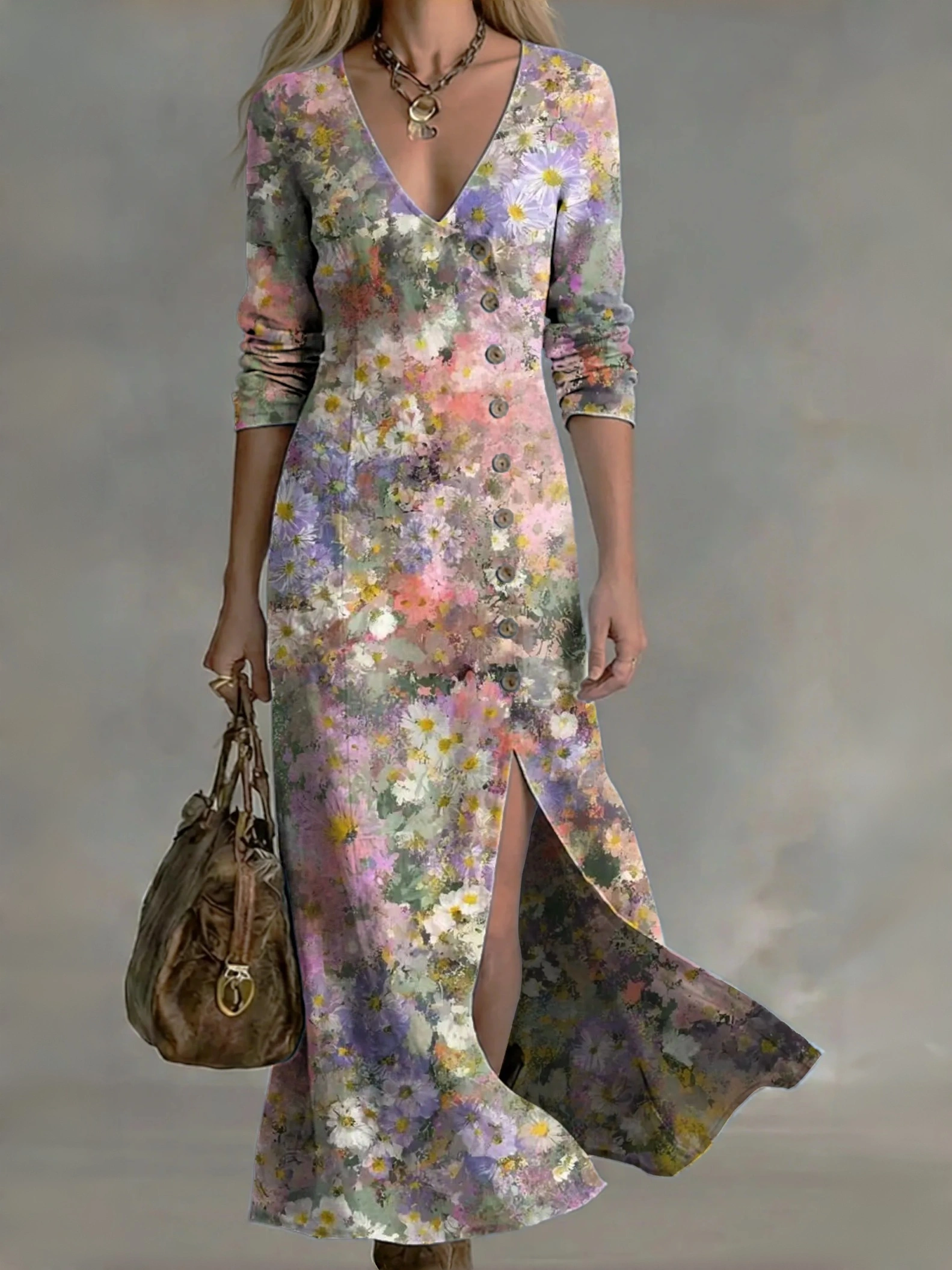 Women's Vintage-style Artistic Print Casual Cotton-linen Maxi Dress