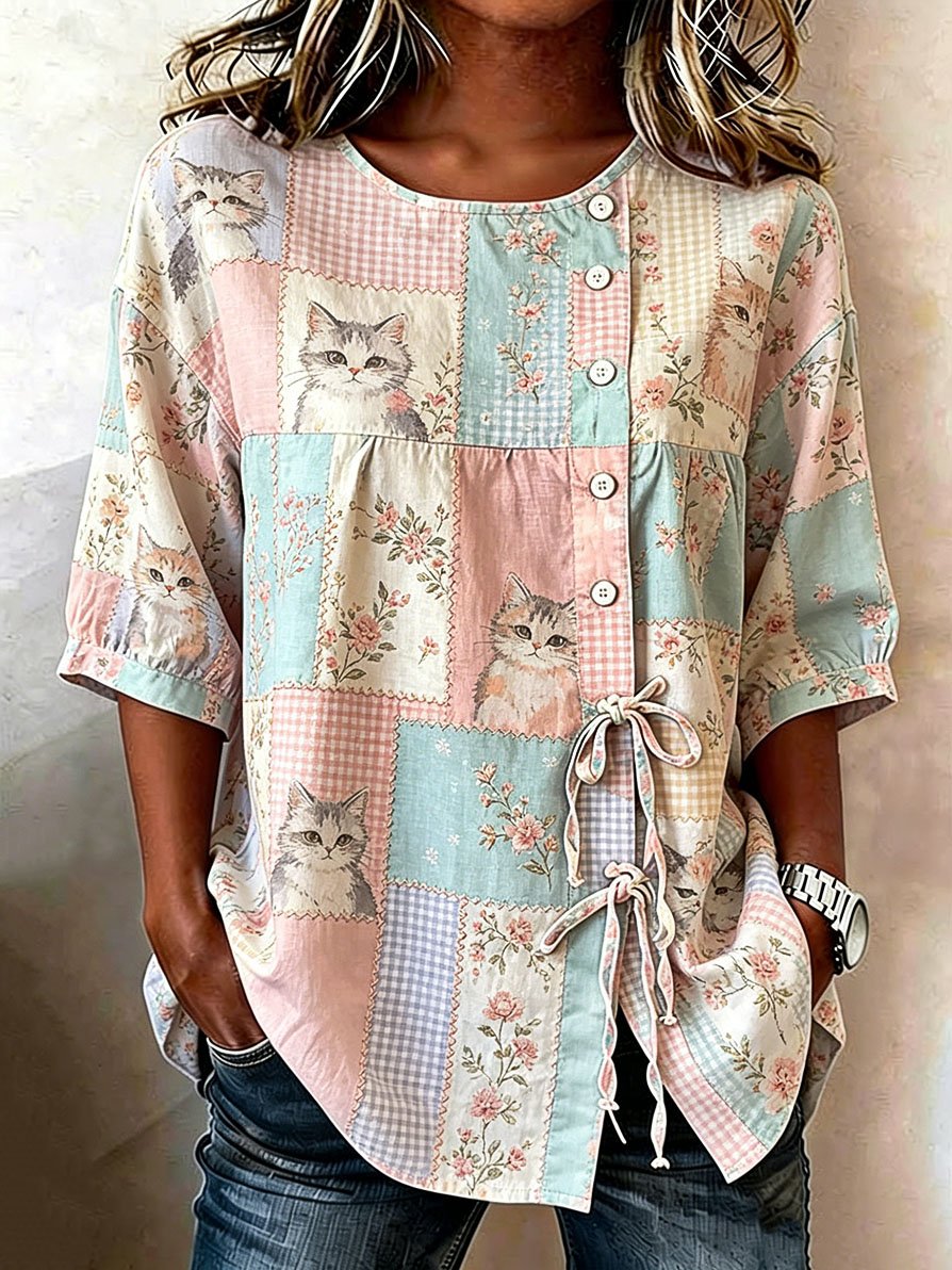 🐱Women's Denim Cat Portrait Patchwork Art Print Casual Top💛100% For Shelter Pets🐱🐶