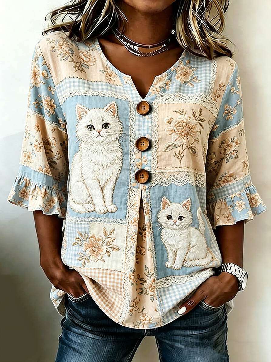 🐱Women's Casual Animal Cat Floral Cotton Linen Top💛100% For Shelter Pets🐱🐶