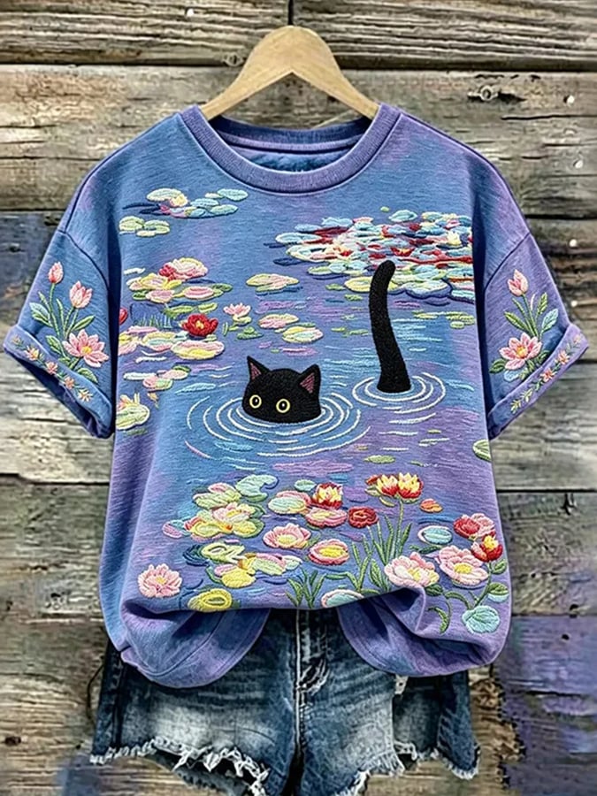 🐱Women'S Casual Short-Sleeve Crew-Neck T-Shirt With Cute Cat Print💛100% For Shelter Pets🐱🐶