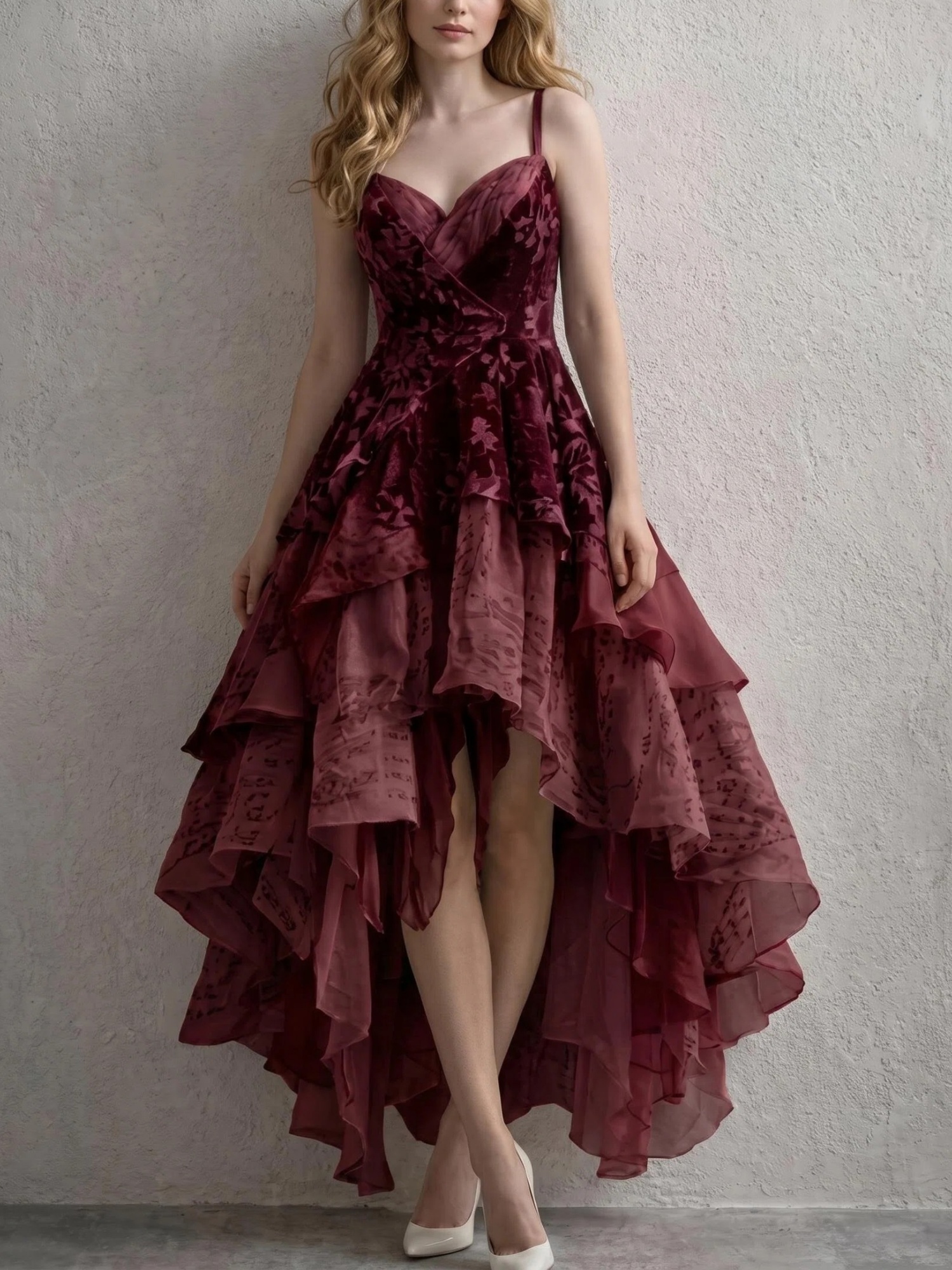 Spaghetti Strap Burgundy Velvet Burnout High‑Low Evening Gown