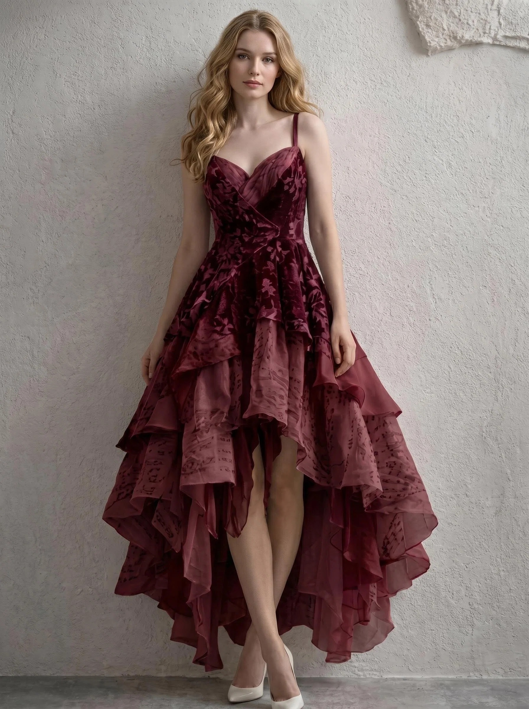 Spaghetti Strap Burgundy Velvet Burnout High‑Low Evening Gown