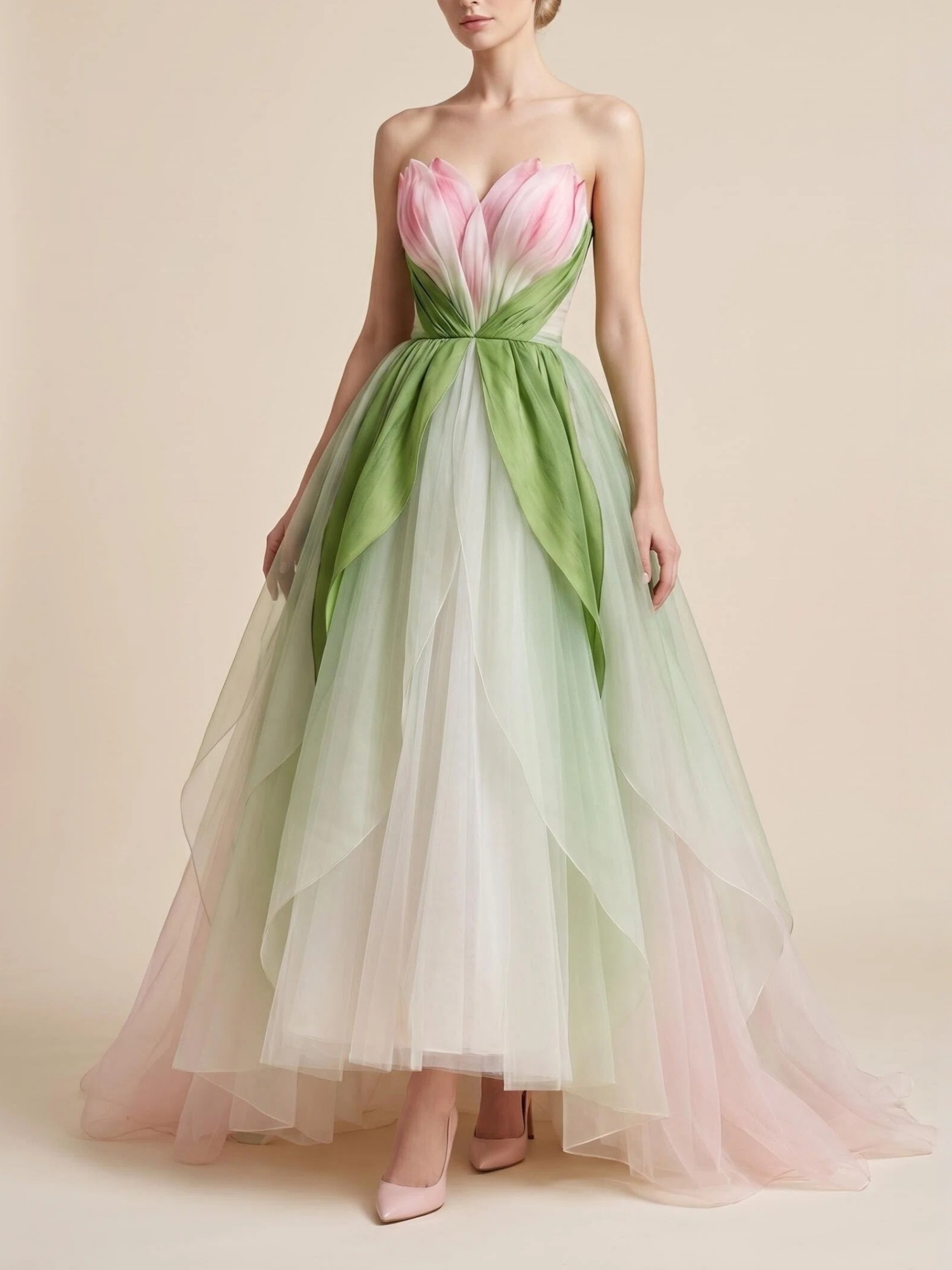 Strapless 3D Tulip Petal Tulle Evening Gown