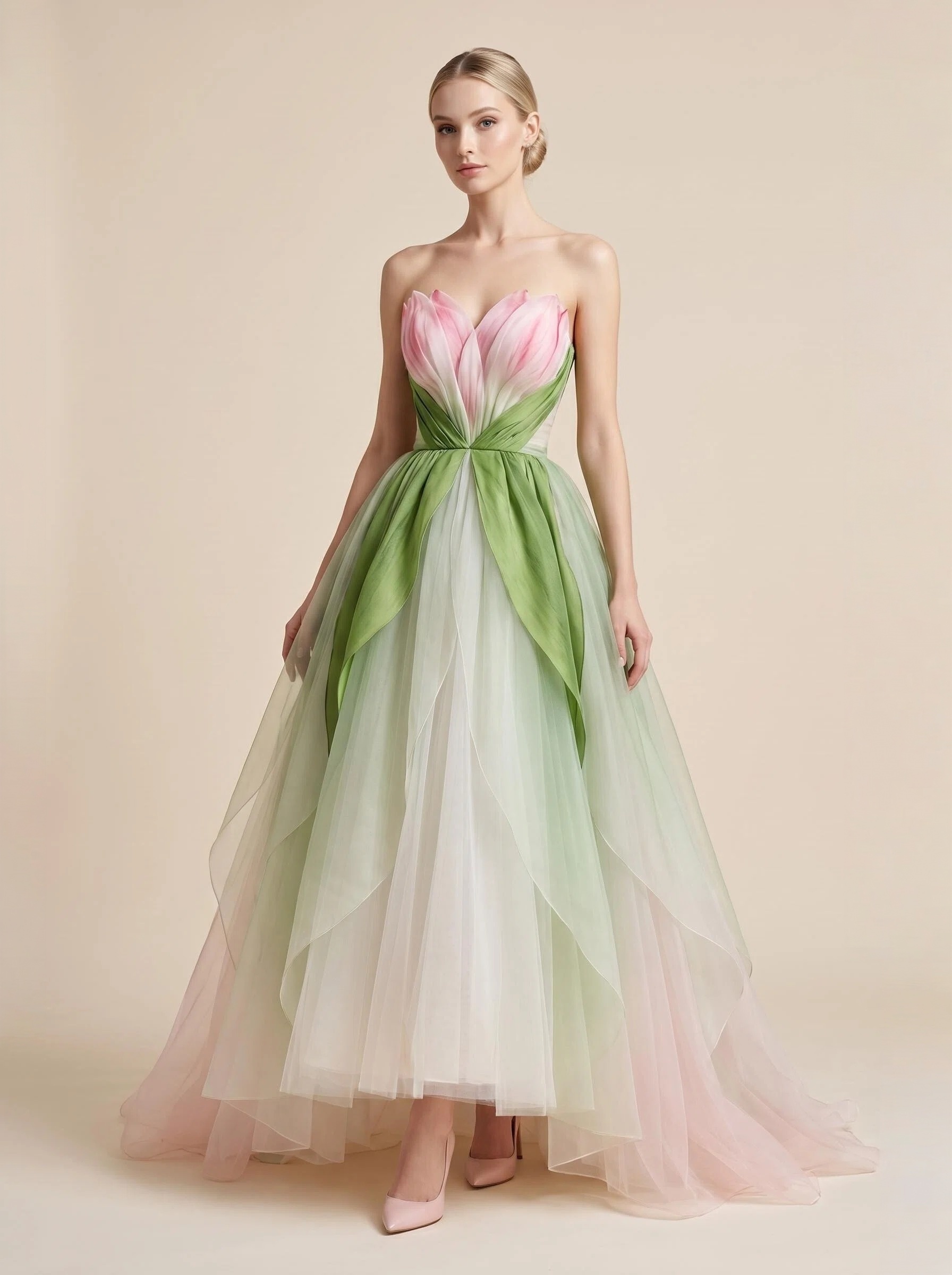 Strapless 3D Tulip Petal Tulle Evening Gown