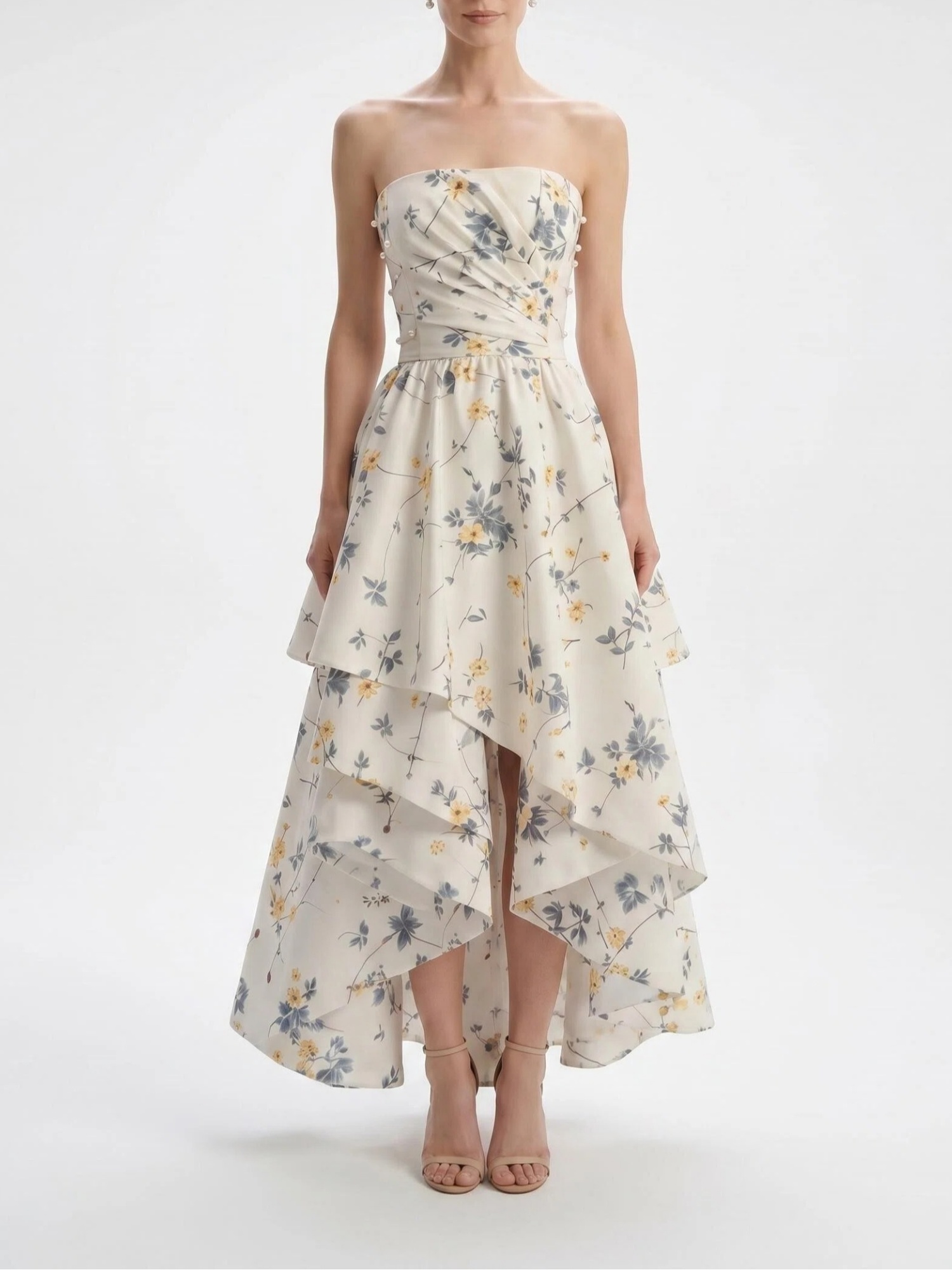Strapless Draped Floral High Low Midi Dress