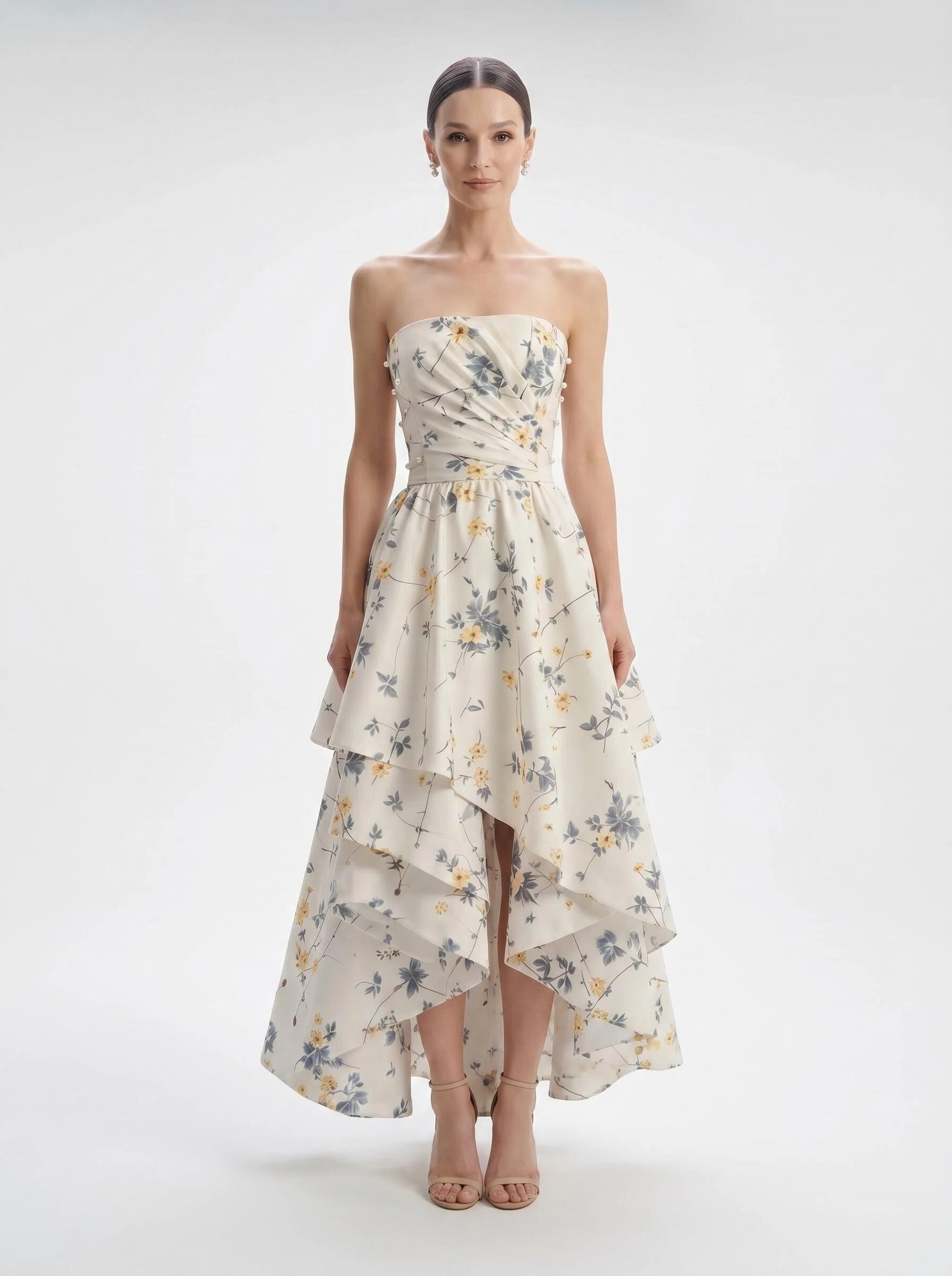 Strapless Draped Floral High Low Midi Dress