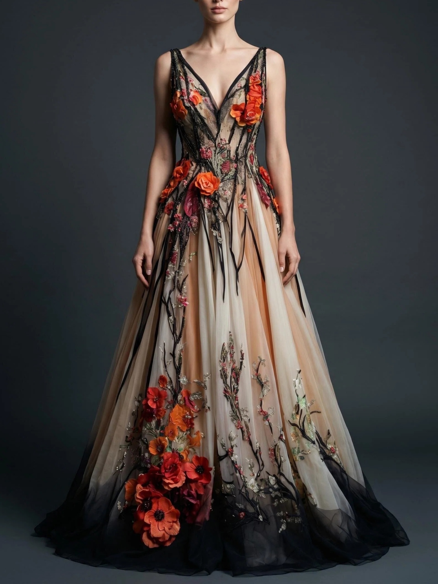 3D Floral Embellished Tulle A-Line Evening Gown