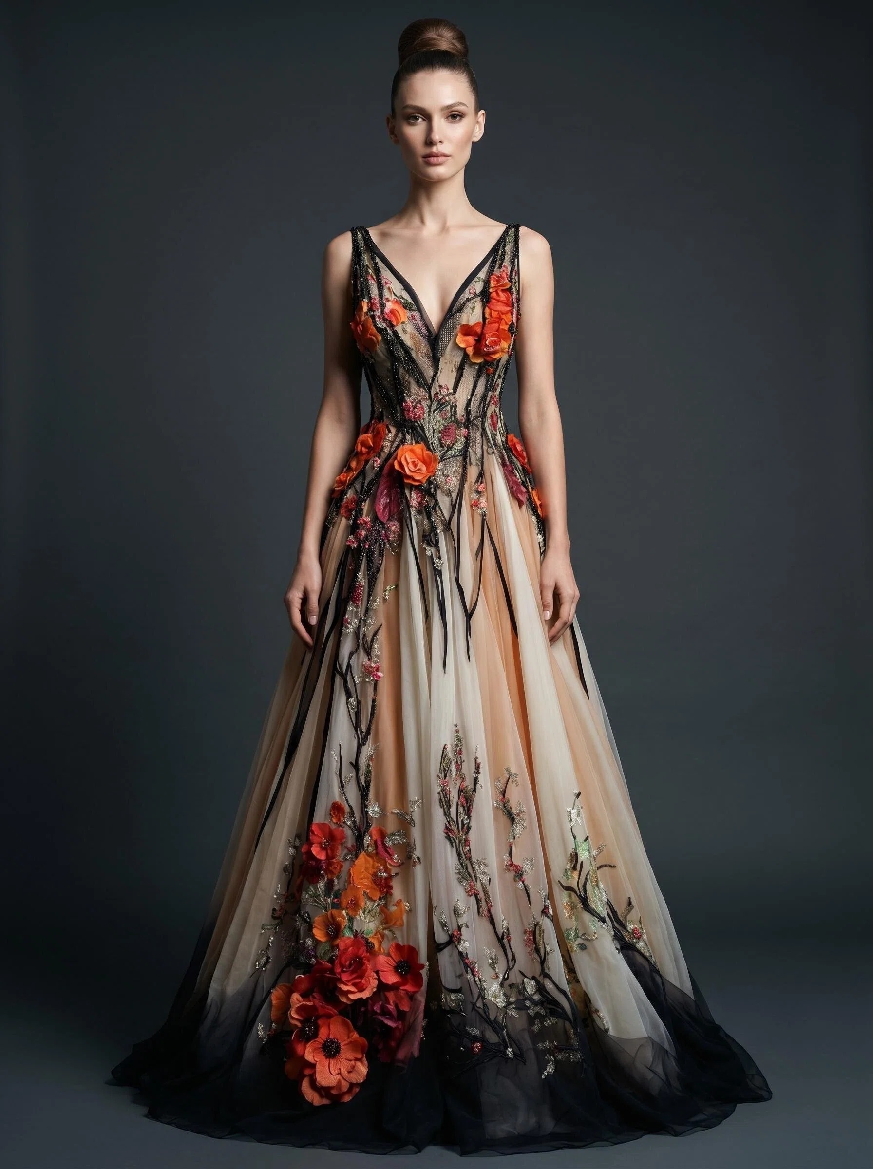 3D Floral Embellished Tulle A-Line Evening Gown
