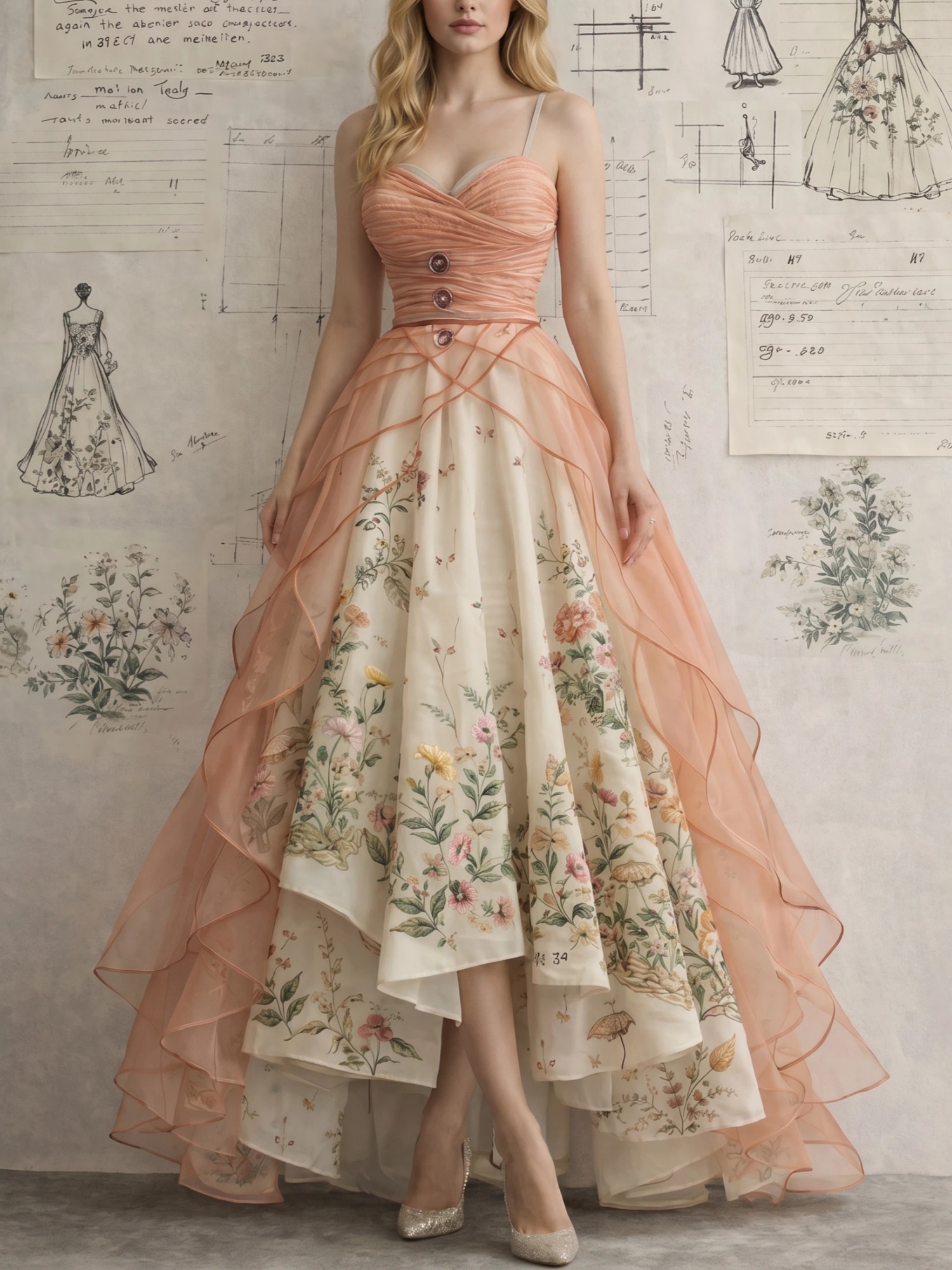 Spaghetti Strap Peach Floral High Low Evening Gown