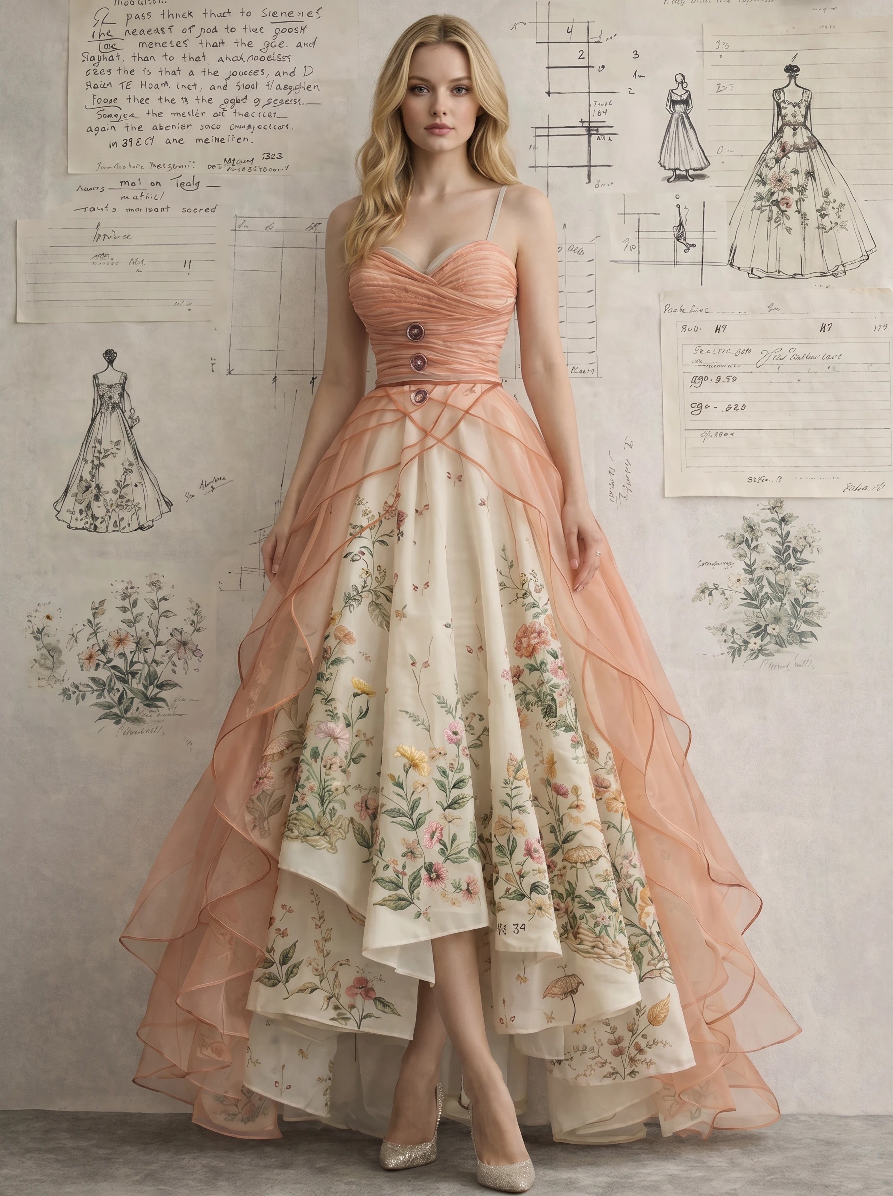 Spaghetti Strap Peach Floral High Low Evening Gown