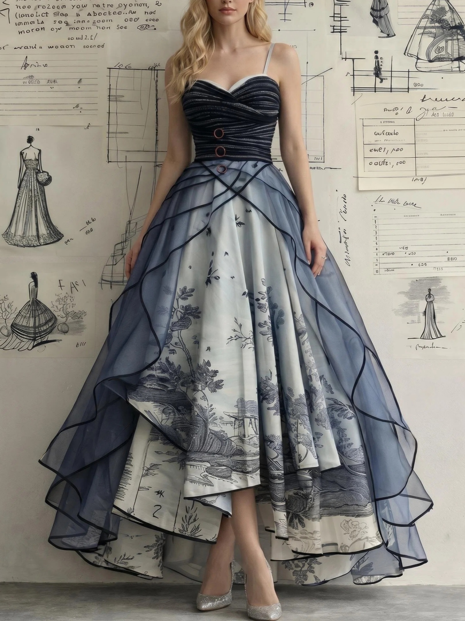 Spaghetti Strap Blue Chinese Landscape Print High‑Low Evening Gown