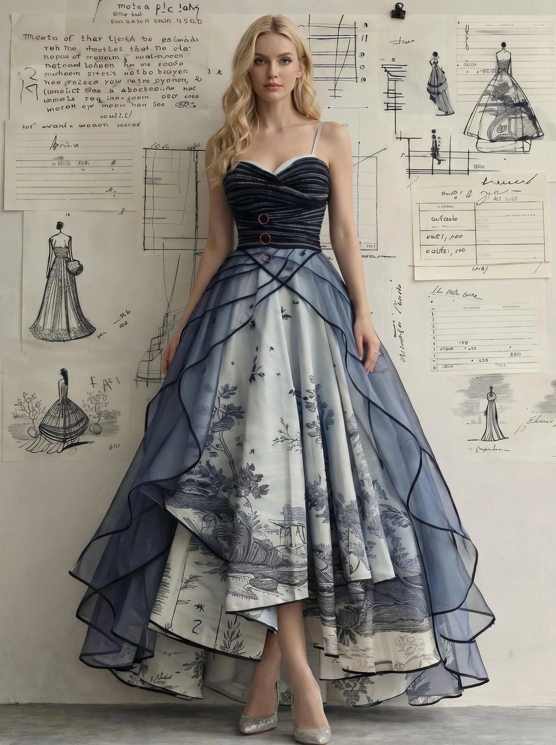 Spaghetti Strap Blue Chinese Landscape Print High‑Low Evening Gown