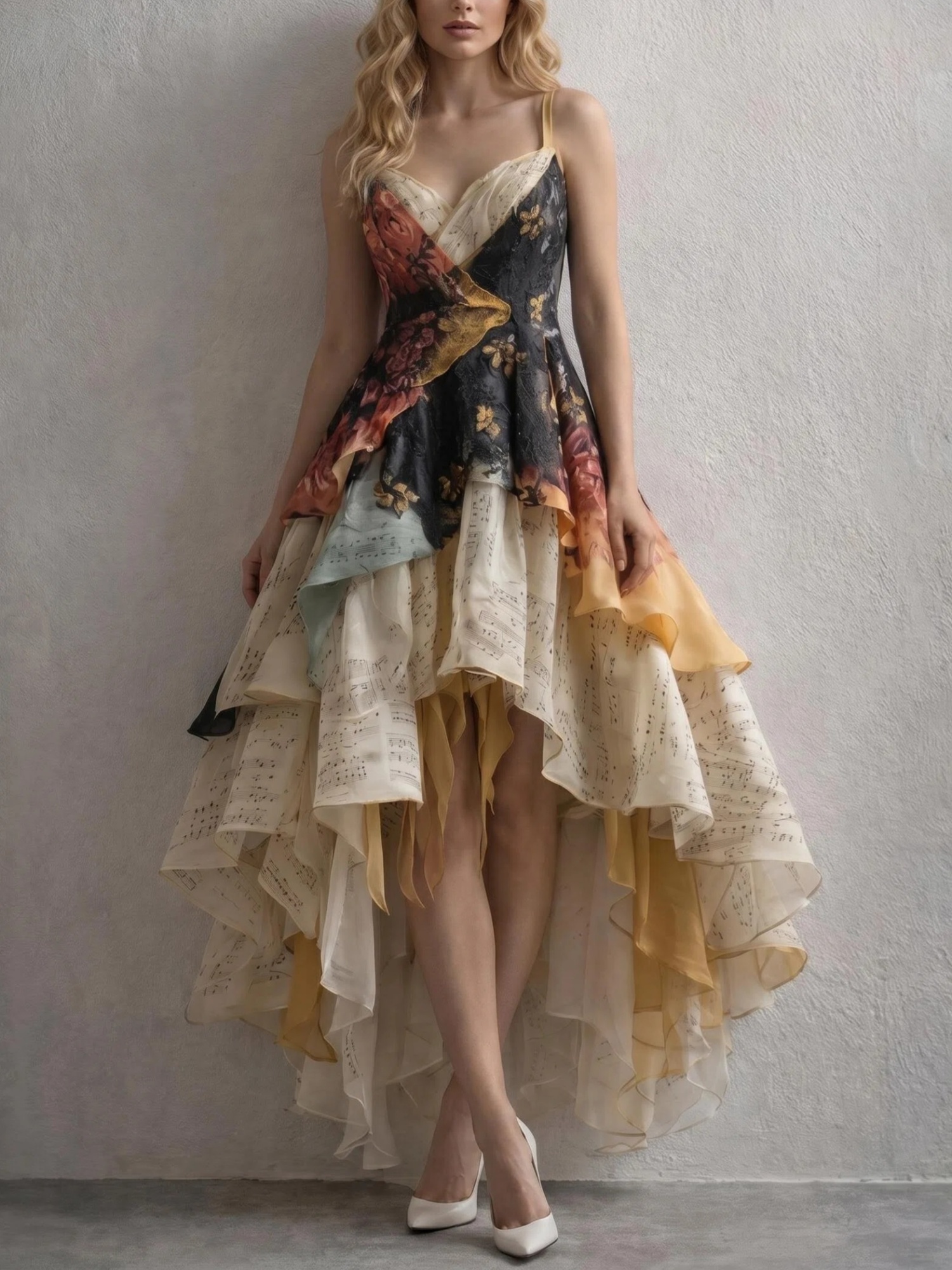 Spaghetti Strap Music Note Floral High‑Low Evening Gown
