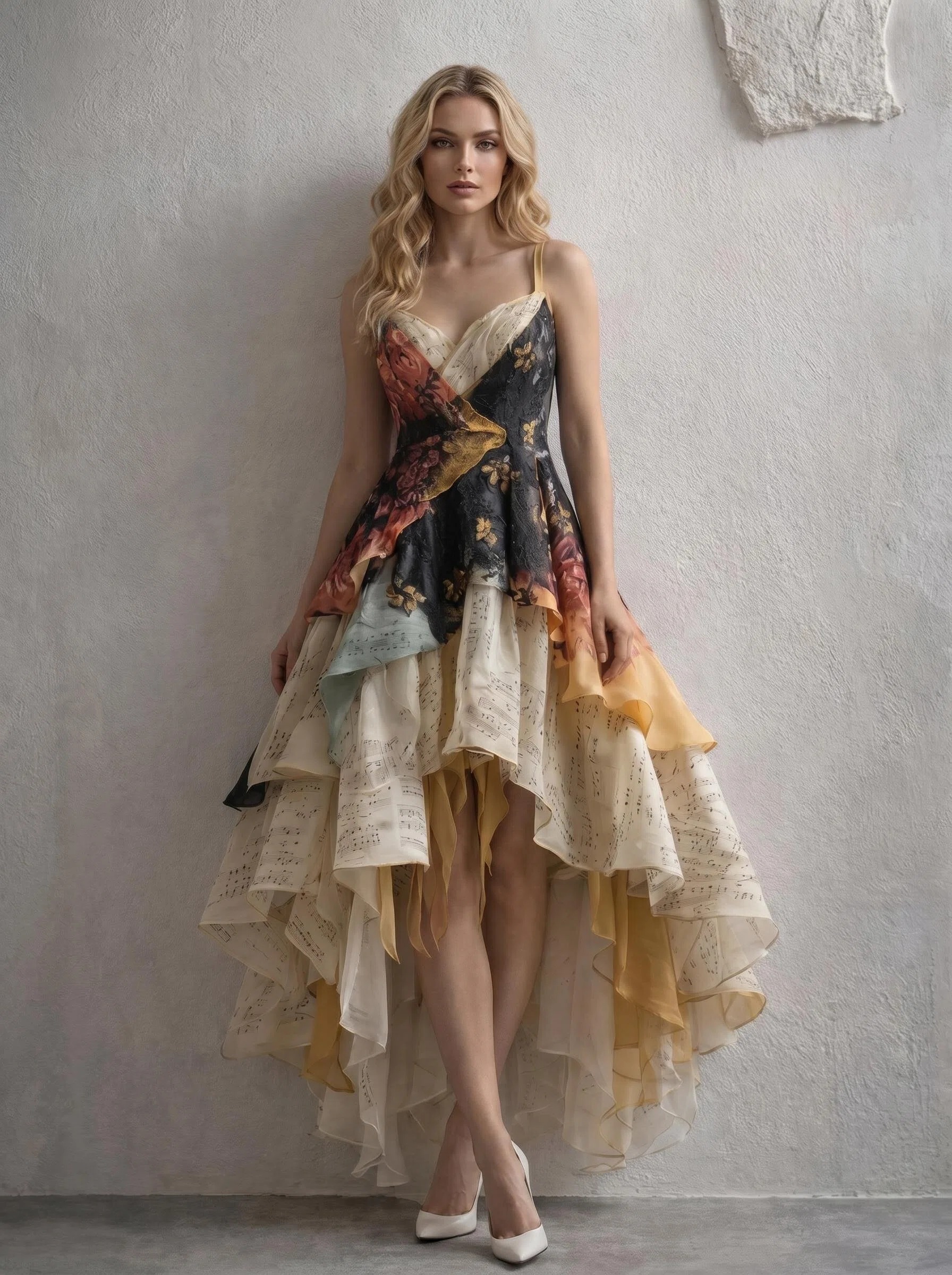 Spaghetti Strap Music Note Floral High‑Low Evening Gown