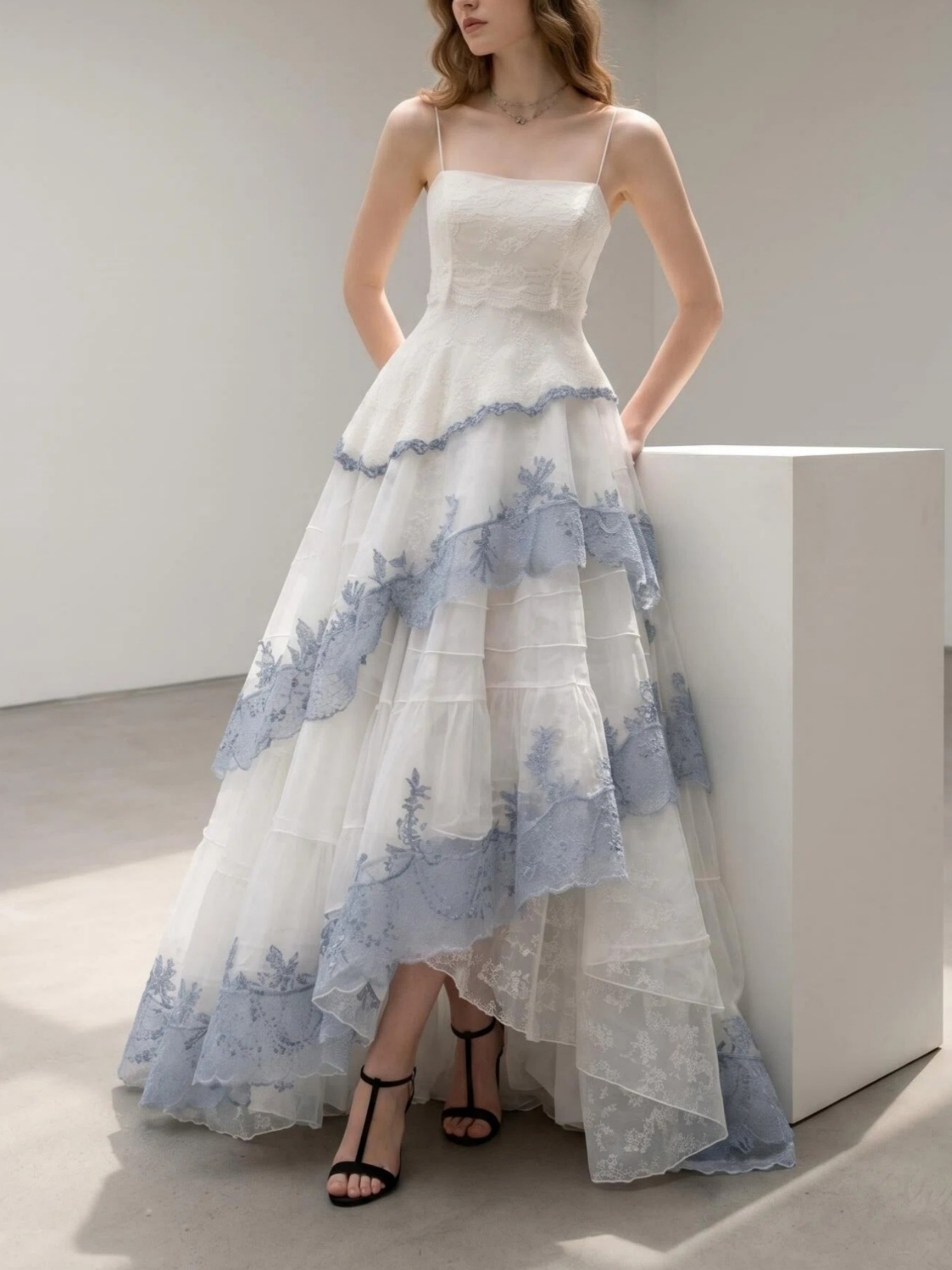 Spaghetti Strap White & Dusty Blue Lace High‑Low Evening Gown