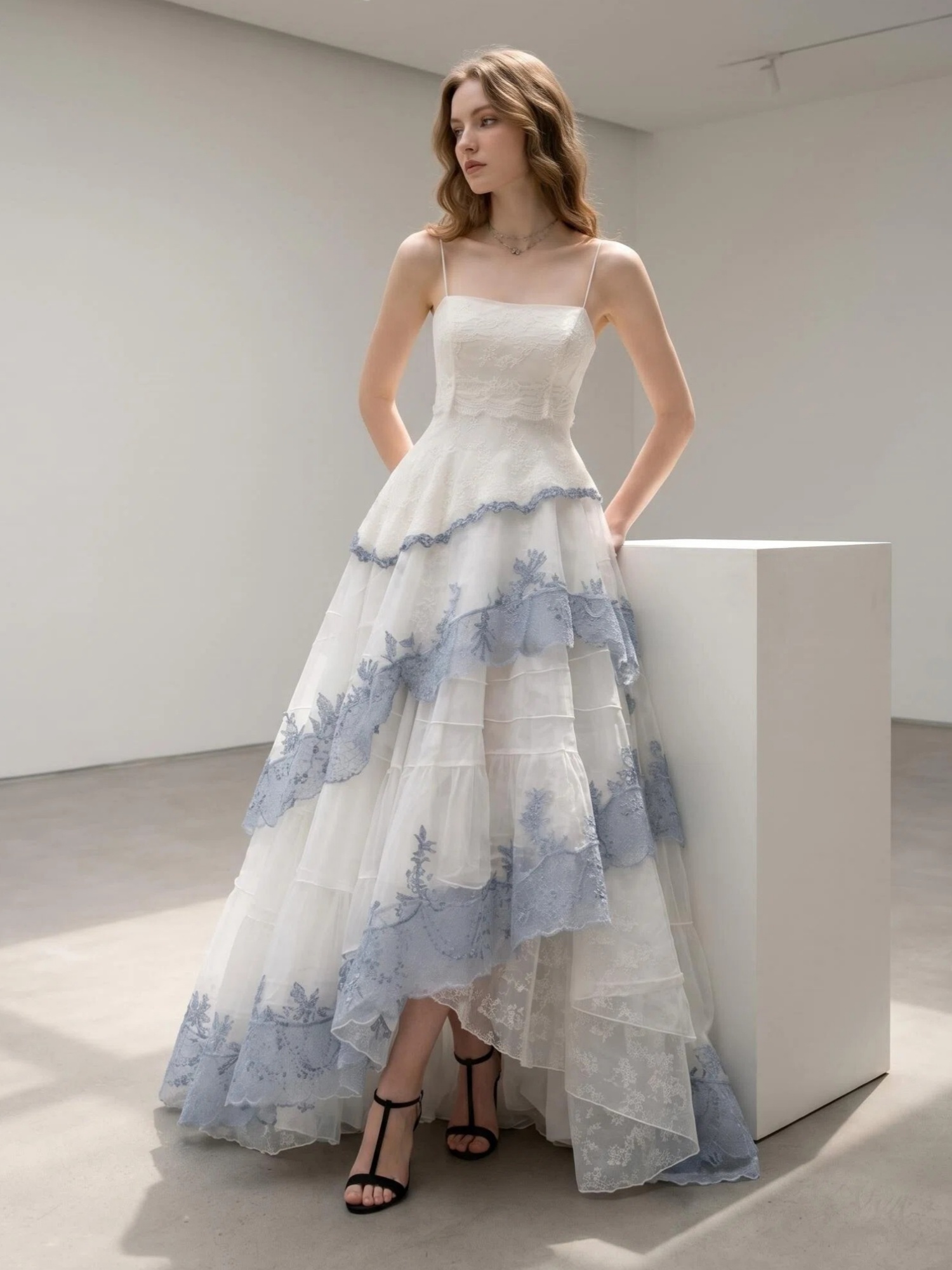 Spaghetti Strap White & Dusty Blue Lace High‑Low Evening Gown