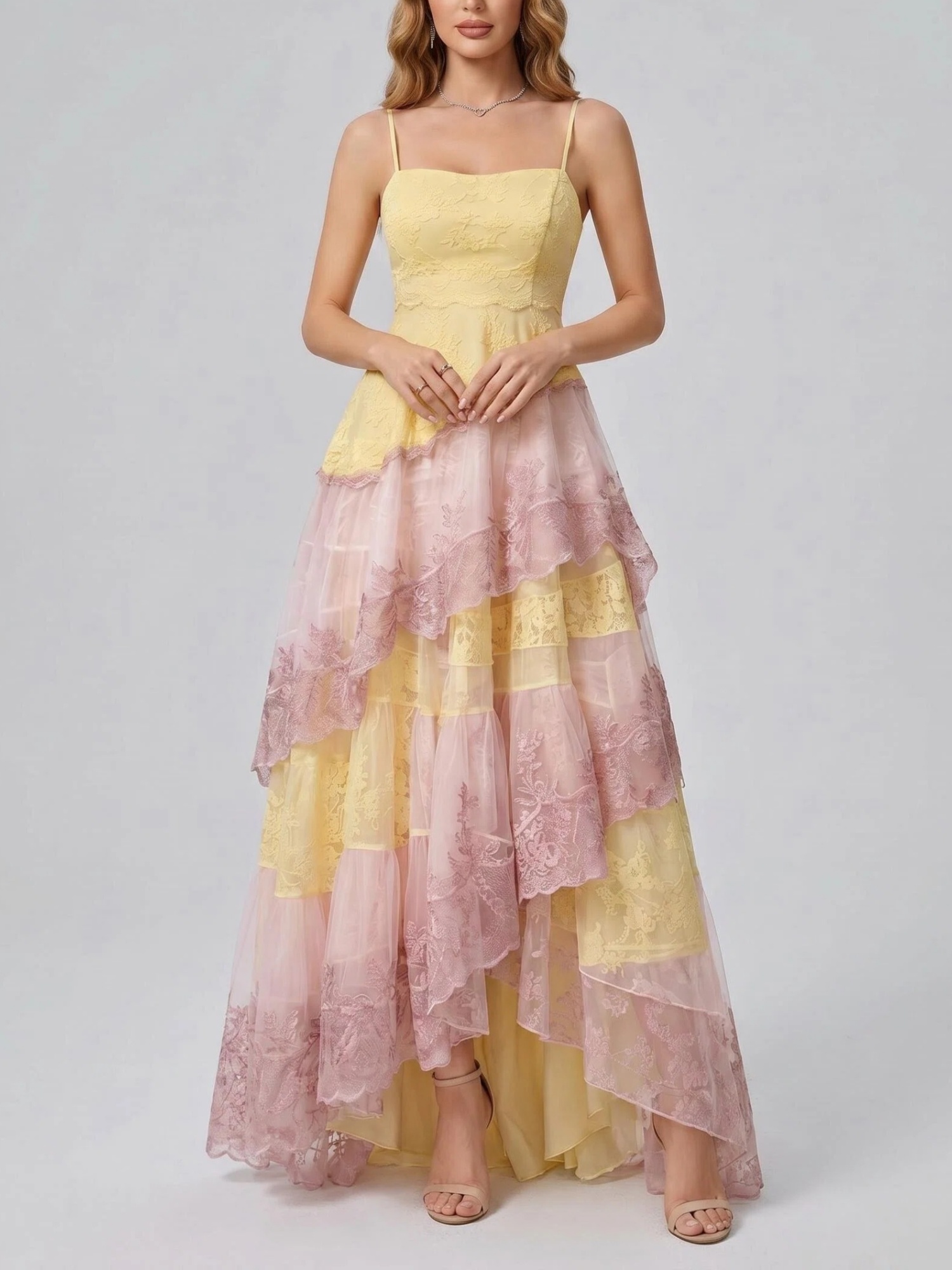 Spaghetti Strap Yellow Pink Color‑Block Lace High‑Low Evening Gown
