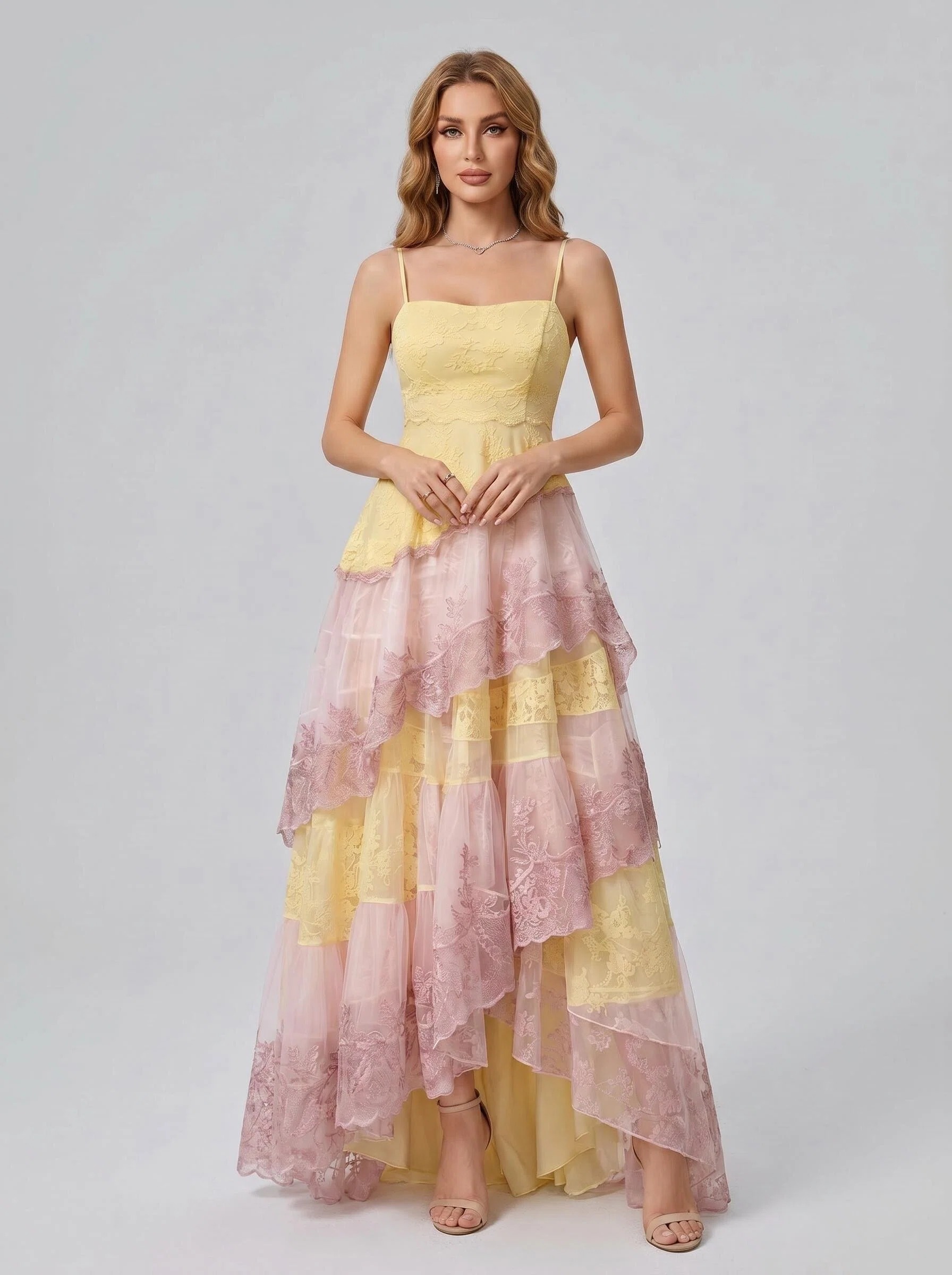 Spaghetti Strap Yellow Pink Color‑Block Lace High‑Low Evening Gown