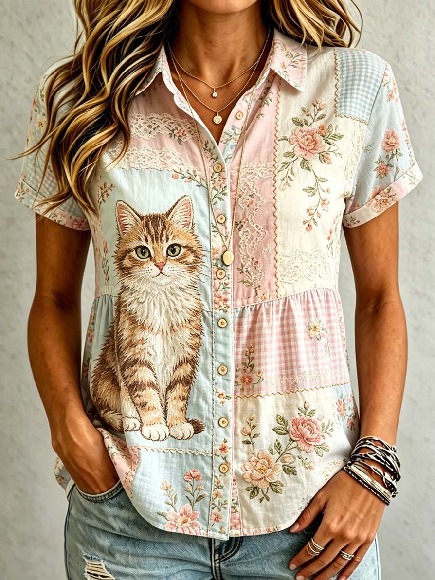 🐱Women's Casual Cat Floral Print Shirt💛100% For Shelter Pets🐱🐶