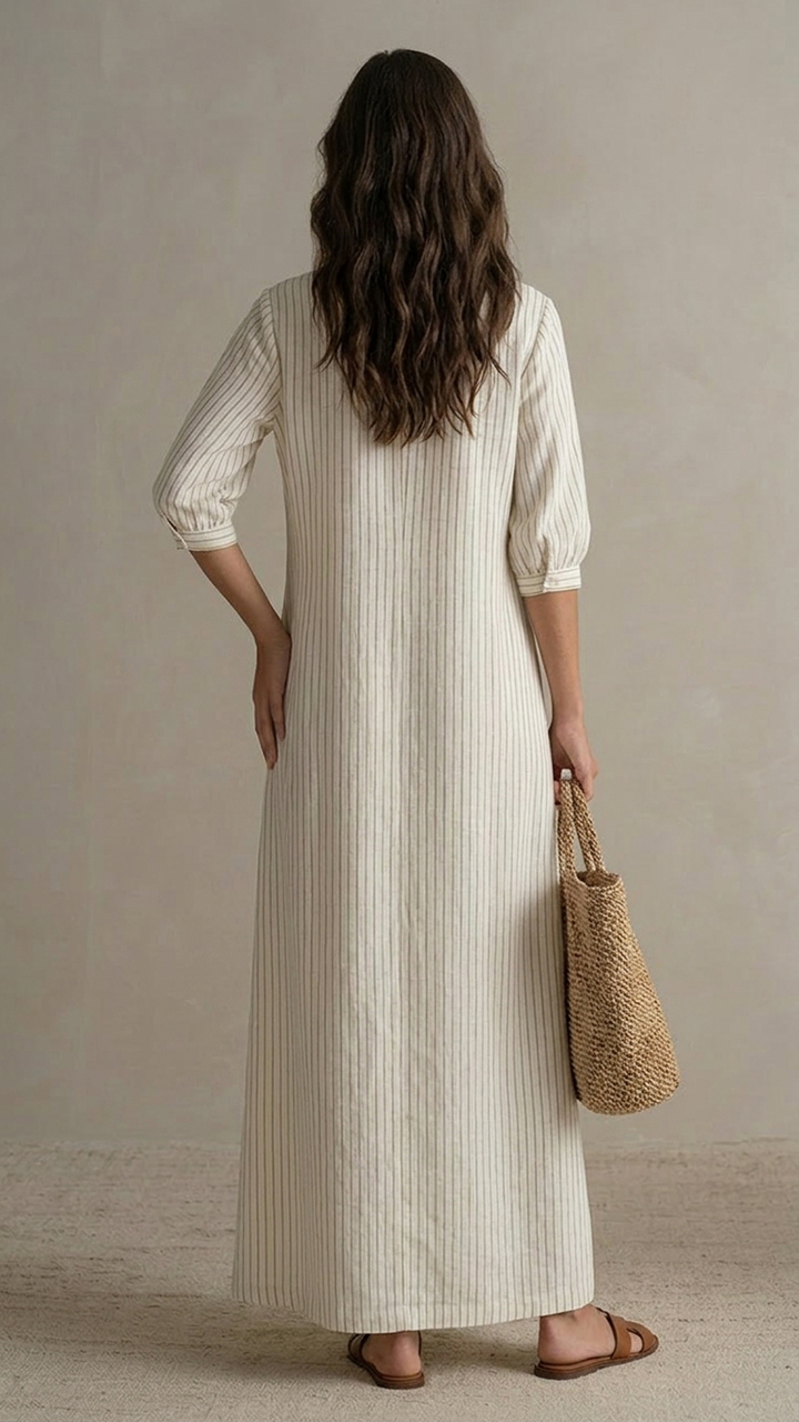 3/4 Sleeve V‑Neck Button‑Front Pocketed Casual Long Dress