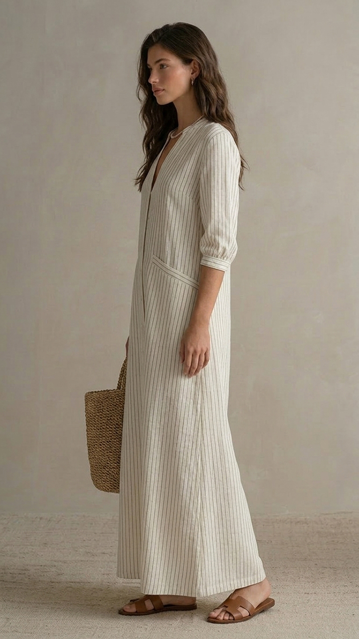 3/4 Sleeve V‑Neck Button‑Front Pocketed Casual Long Dress