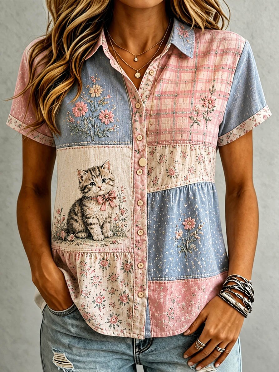🐱Women's Casual Cat Floral Print Shirt💛100% For Shelter Pets🐱🐶