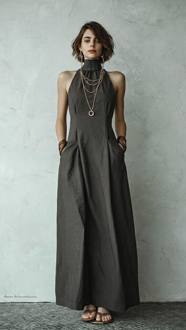  Sleeveless Pocketed Pleated Casual Elegant Long Dress
