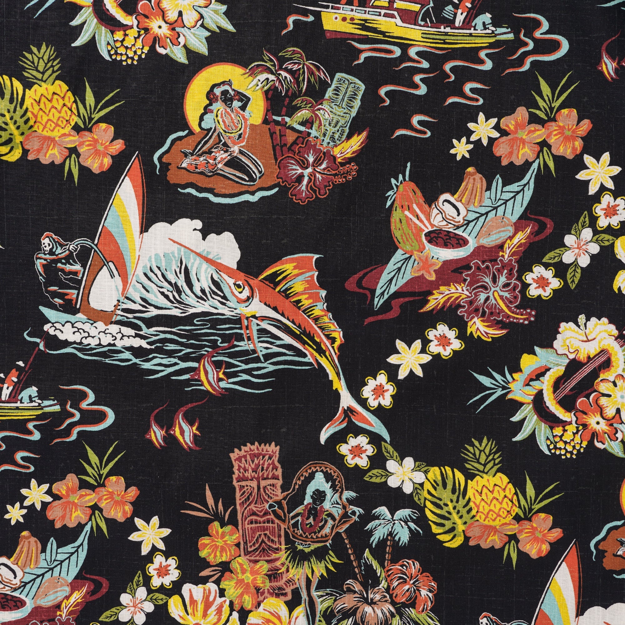 Men's Vintage Hawaiian Shirt Black Tiki Shirt Short Sleeve Camp Collar
